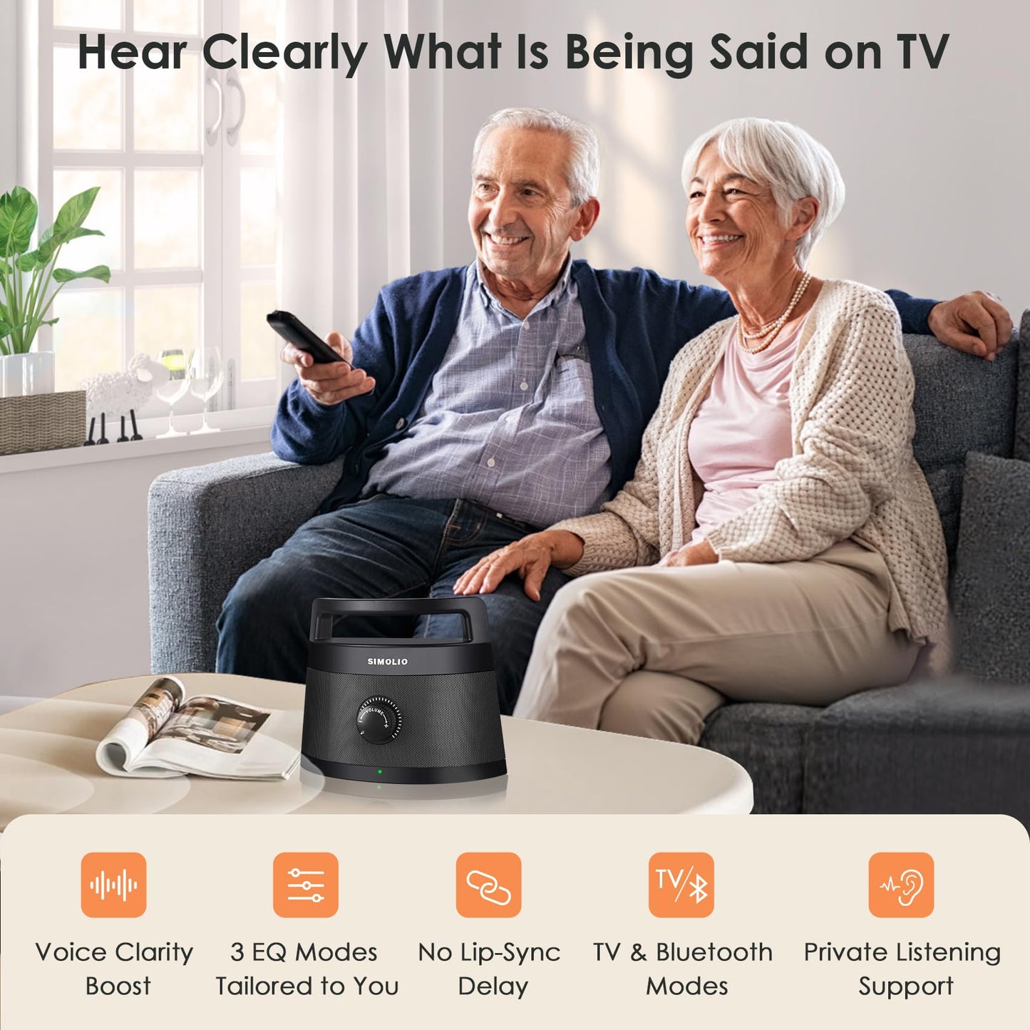 SIMOLIO Wireless TV Speakers for Seniors Hard of Hearing, 164ft Long Range, 3 EQ Modes, Voice Clarity Boost, Dual TV/Bluetooth Modes, Portable Rechargeable Speaker for TVs with Wired Headphones