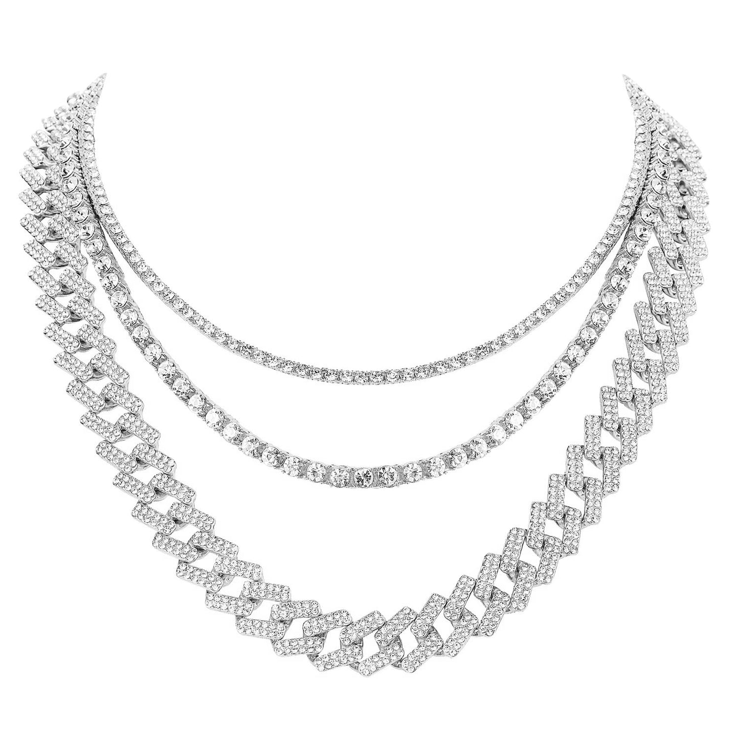 HH BLING EMPIRE Gold Silver Chain Necklace for Men Women Iced Out Diamond Tennis and Cuban Link Chain Necklaces Hip Hop Jewelry Sets 3Pc 18/20/24 Inch (Set D-Silver)