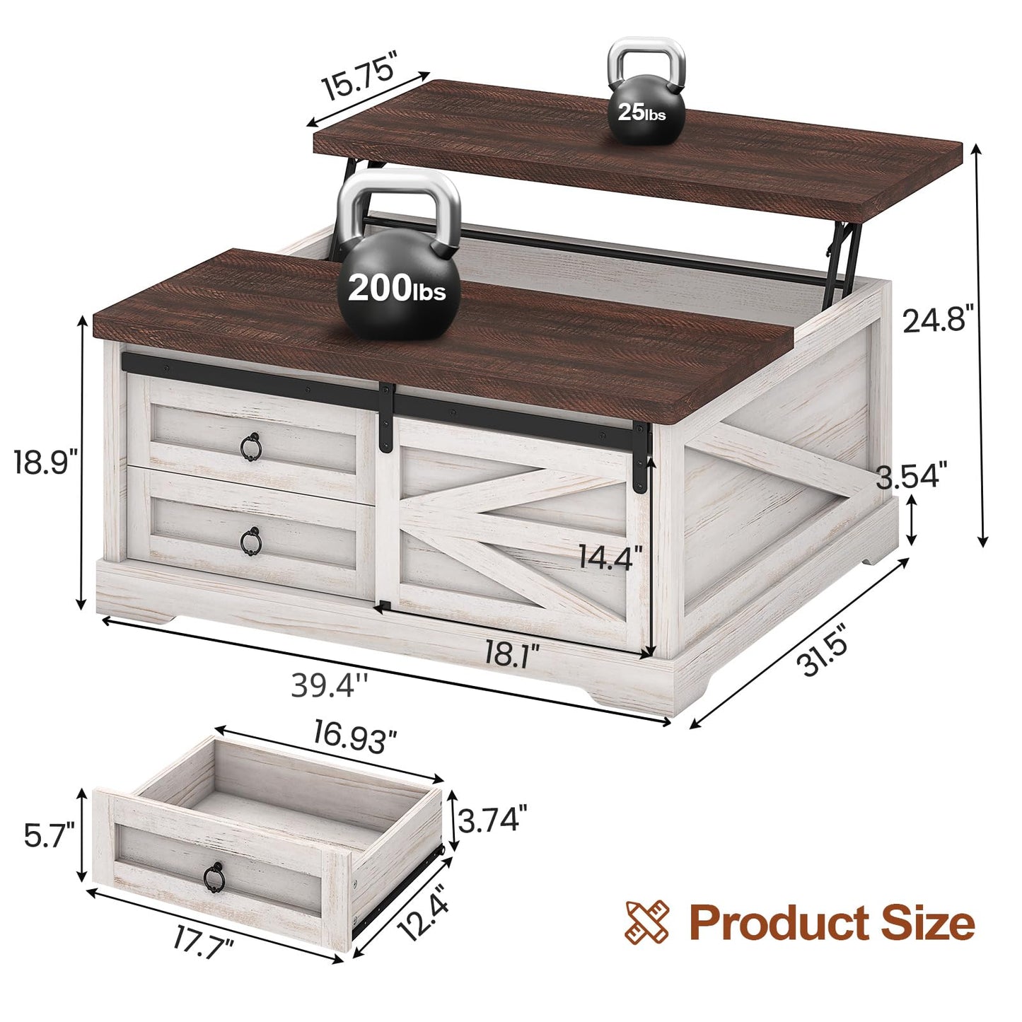 Itaar 39.4'' Lift Top Coffee Table with Storage, Farmhouse Coffee Tables for Living Room, Square Coffee Table with Large Hidden Compartment & 2 Drawers & Adjustable Shelves, White