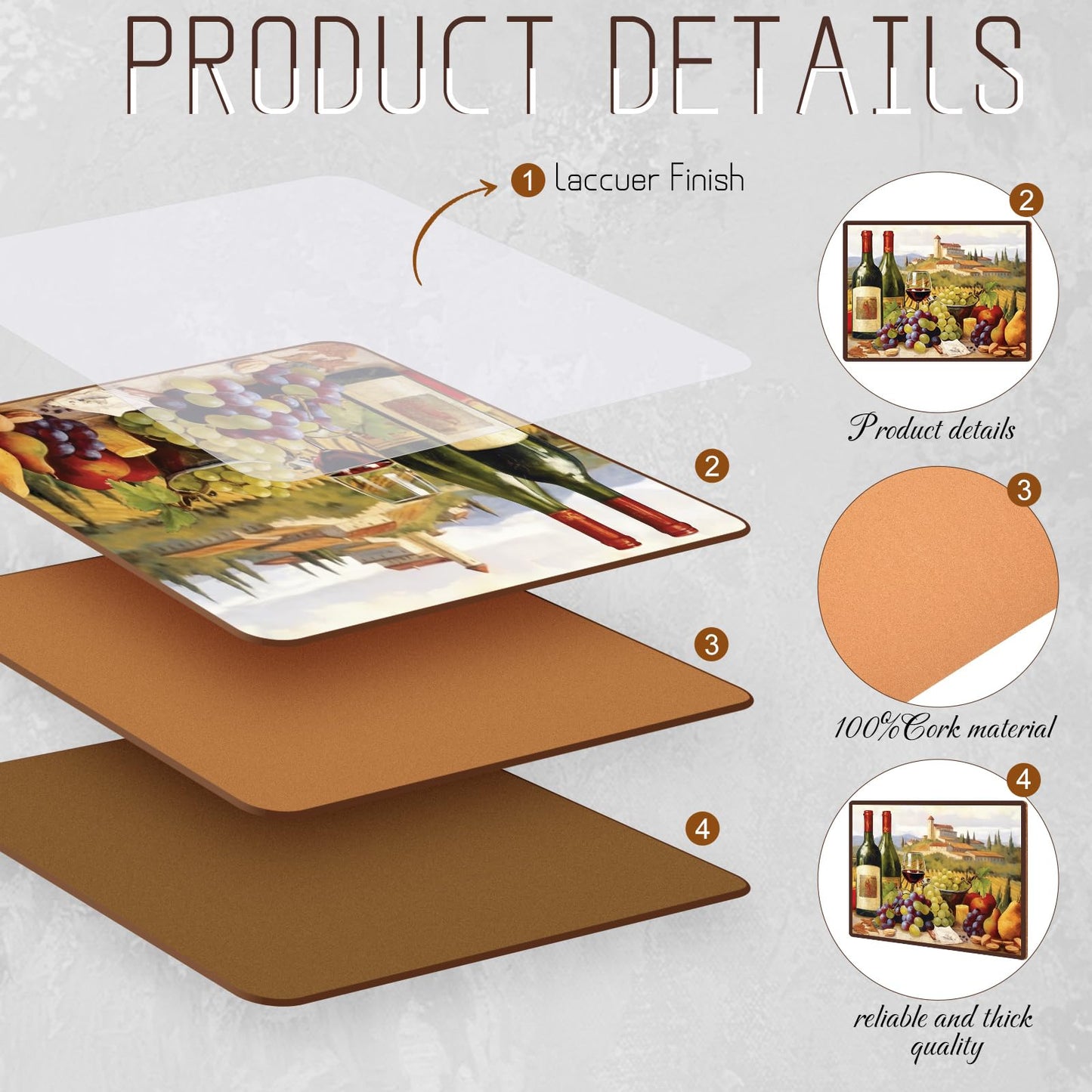 Tiangrid 8 Sets Cork Placemats with Coasters Include Wine Cork Backing Table Mats and Round Coasters Placemats Set for Kitchen Dinner Table Setting Supplies, 12 x 16 Inch (Wine)