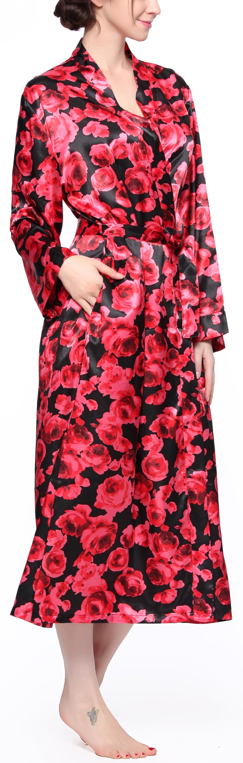 Lavenderi Women's Long Classic Satin Kimono Lounge Bathrobe Robe (Large, Red Floral Print)
