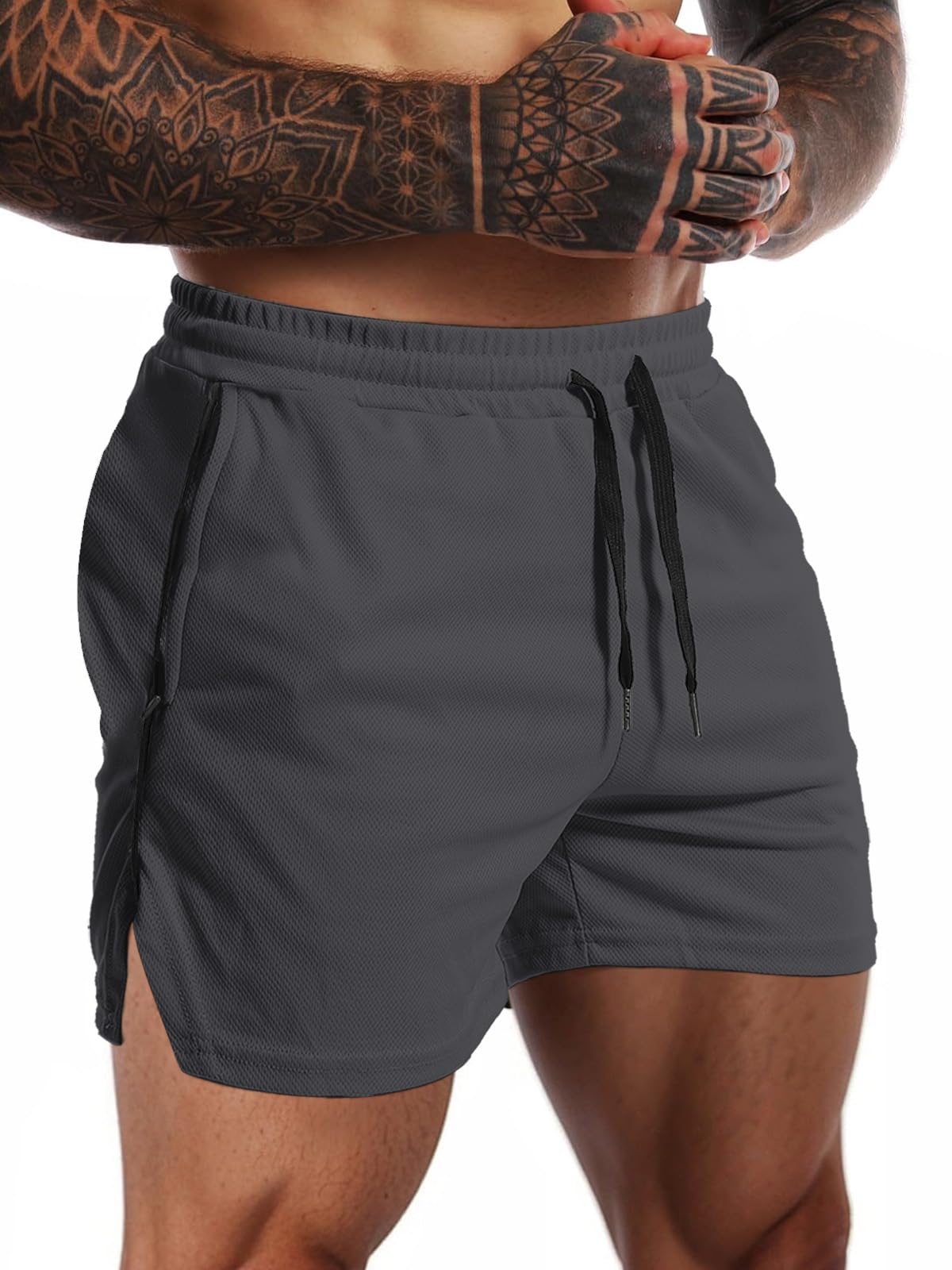 Aolesy Mens Workout Shorts with Zipper Pocket 5 Inch Lightweight Gym Running Shorts Linerless Bodybuilding Training Athletic Shorts Black Grey