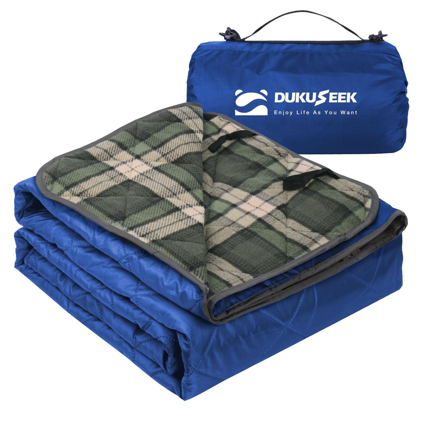 DUKUSEEK Waterproof Camping Blanket with Super Thick Fleece Lining, Large Outdoor Blanket Windproof with Foldable Hood for Camping Stadium Sporting Events,79"x 58"