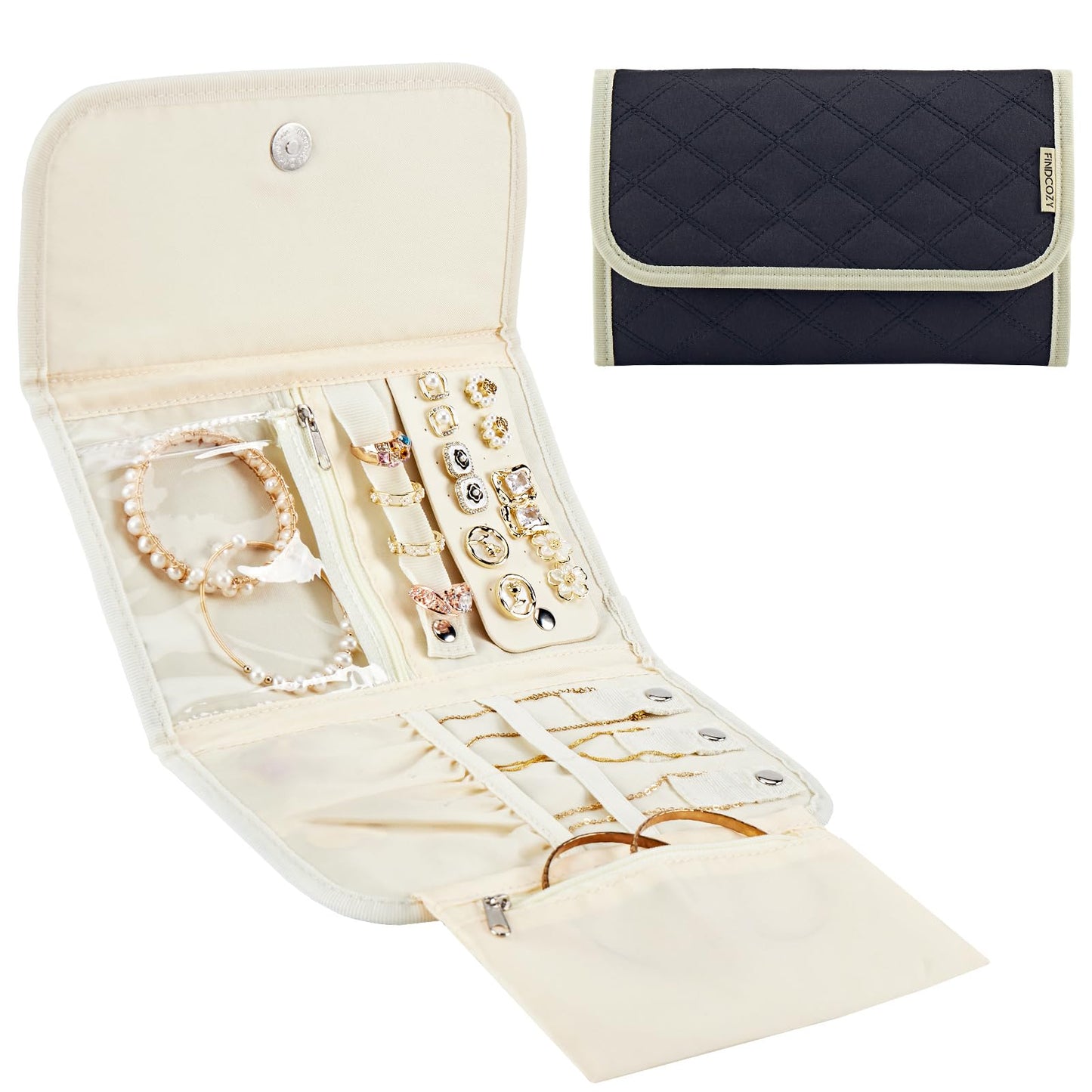 FINDCOZY Jewelry Travel Organizer, Foldable Jewelry Case for Necklaces, Earrings, Rings, Bracelets, Black