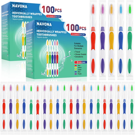 Navona 200 PCS Premium Individually Wrapped Bulk Toothbrush Pack, Disposable Toothbrushes, Kids Toothbrush, Medium Soft Bristle Toothbrushes, Ergonomics Handle, Perfect for Travel Hotel Donation