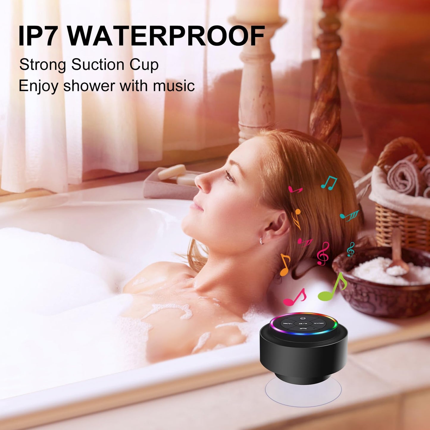 TDLIRH Bluetooth Waterproof Shower Speaker, Portable Wireless Speaker with Suction Cup, Colorful Lights, Teen Gift Idea for Shower, Bathroom, Pool, Beach