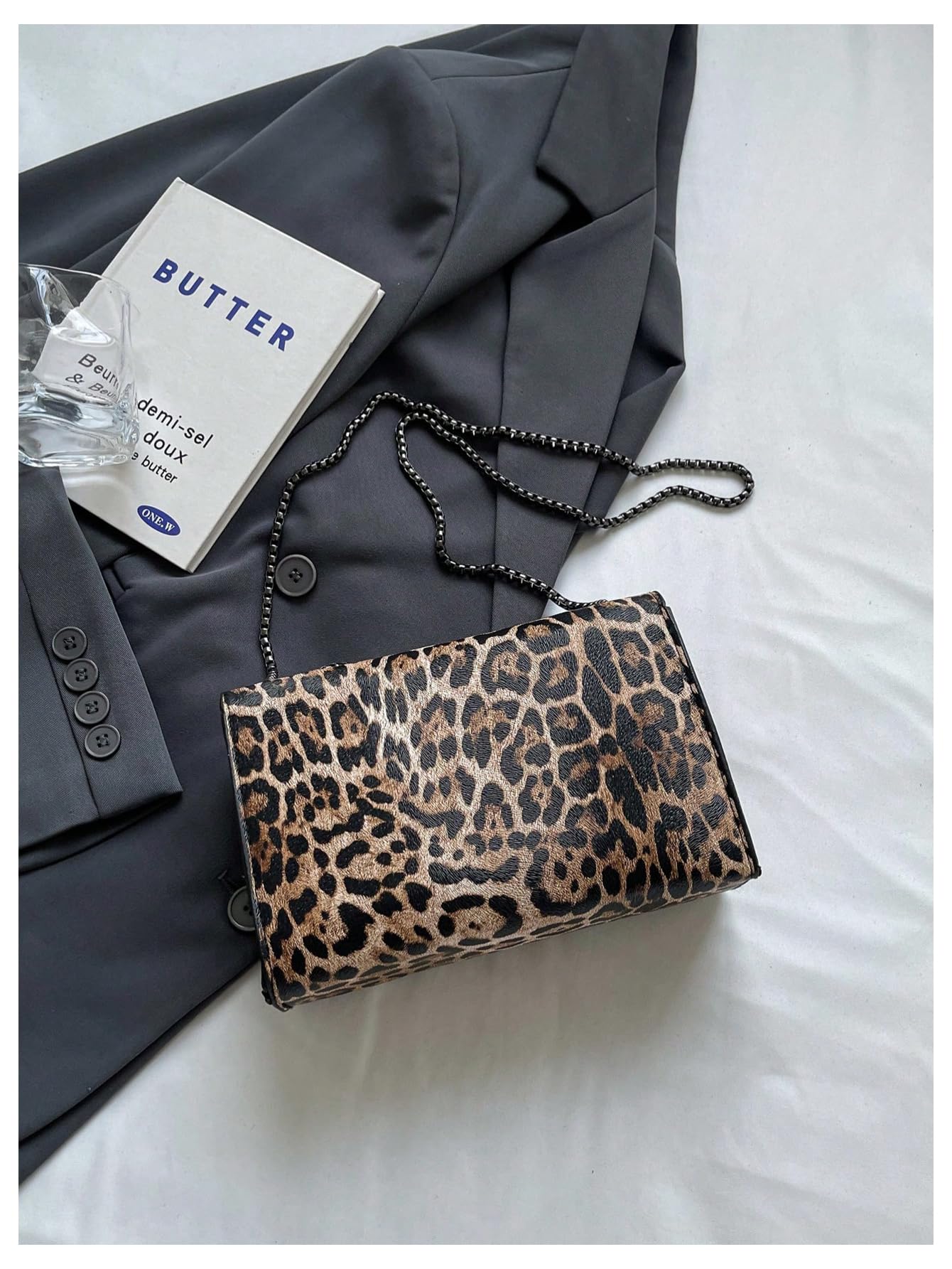 RoseSeek Women's Leopard Print Chain Shoulder Bag Metal Buckle Handbags Leather Clutch Purse Coffee Brown One-Size