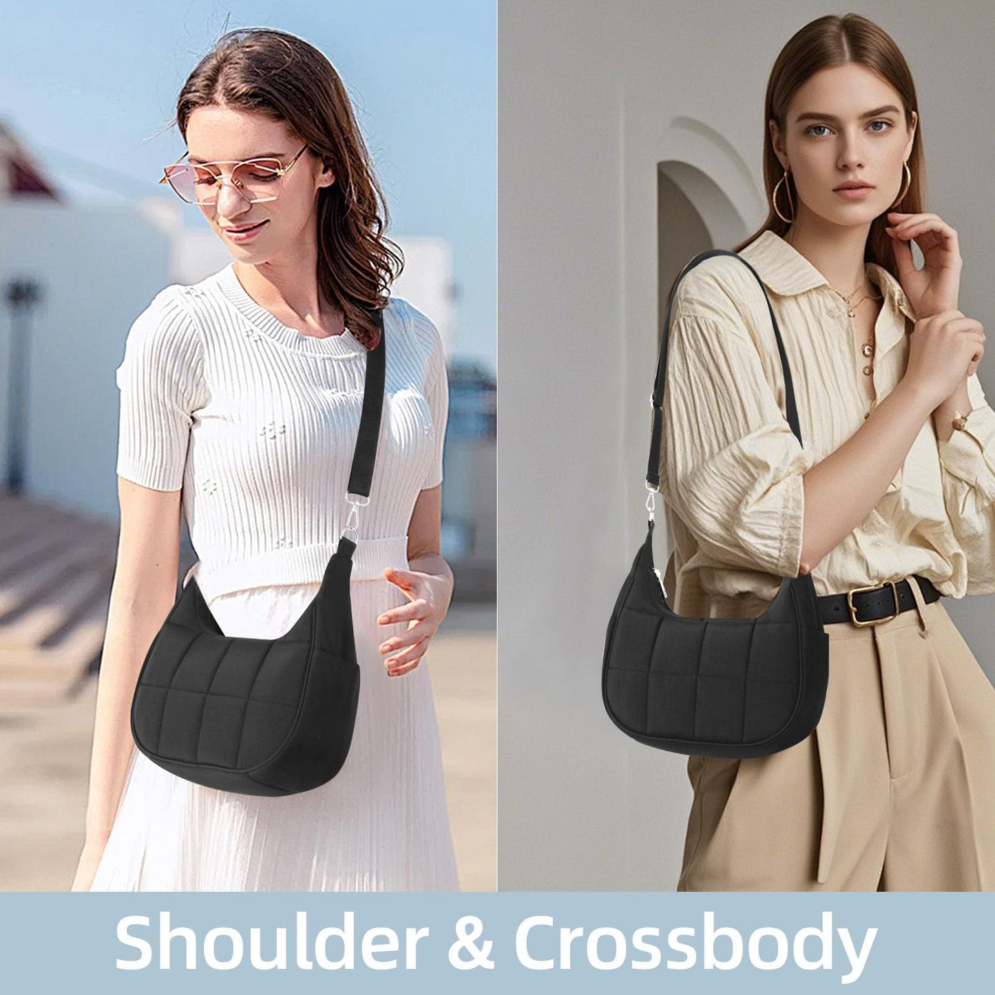 Puffy Crossbody Bags for Women, Small Puffer Crescent Shoulder Bag, Nylon Quilted Purse for Women with 2 Straps (Black)