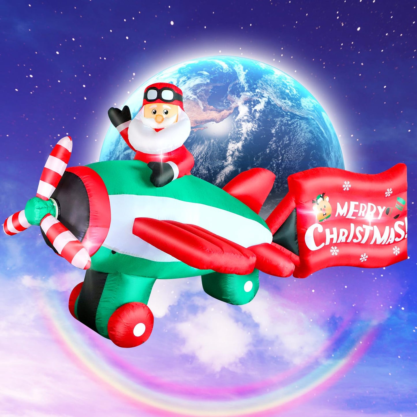 10.5 FT Christmas Inflatables Santa Claus on Animated Helicopter, Blow Up Santa Flying Airplane with Wishes, Giant Lighted Inflatable Outdoor Decorations for Xmas Yard Holiday Party Garden Lawn Decor