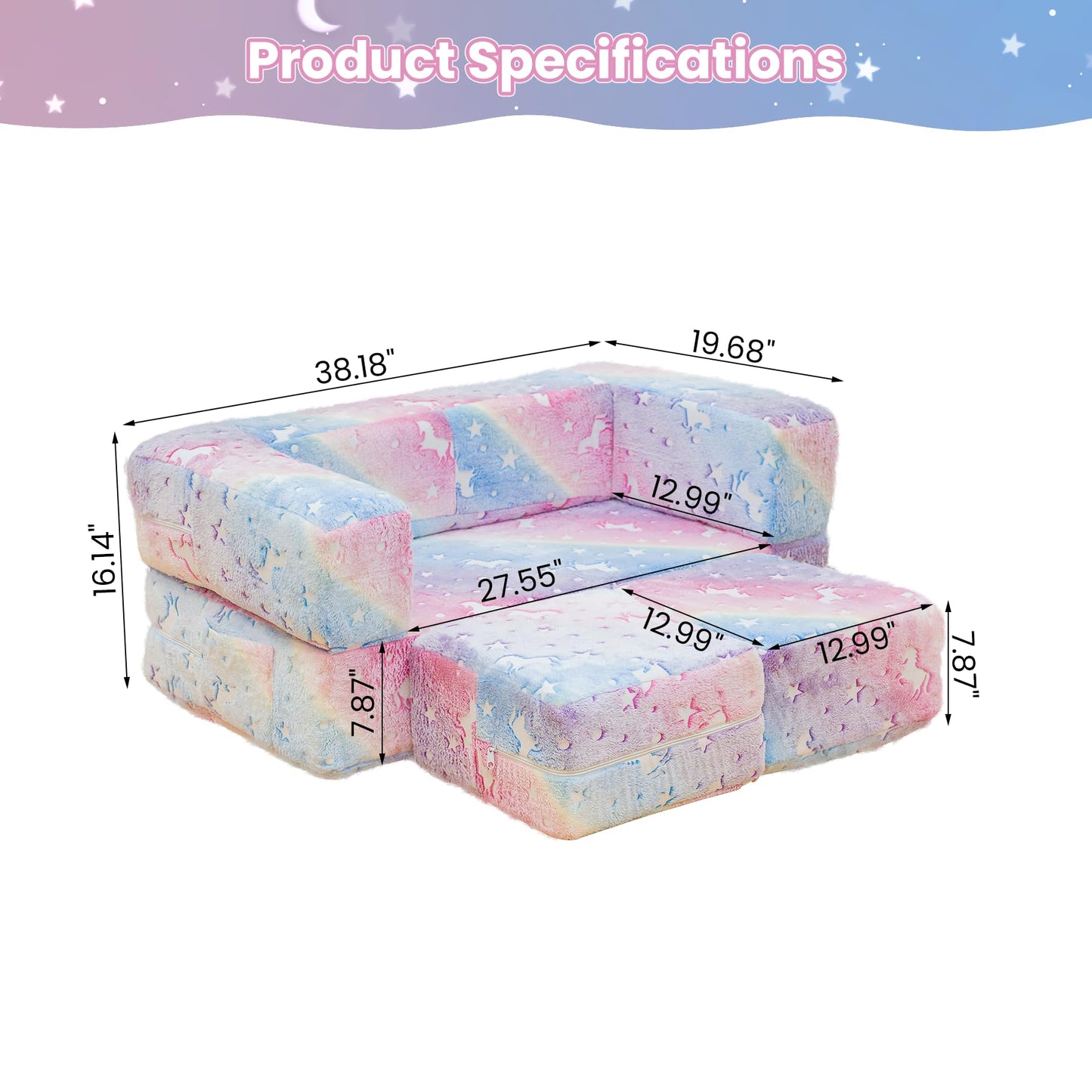 furlinkhm Modular Kids Play Couch, Glow in The Dark Kids Play Couch Toddler Couch,Kids Couch for palyroom, Convertible Baby Fold Out Play Foam and Floor Cushion for Bedroom (Rainbow+Unicorn)