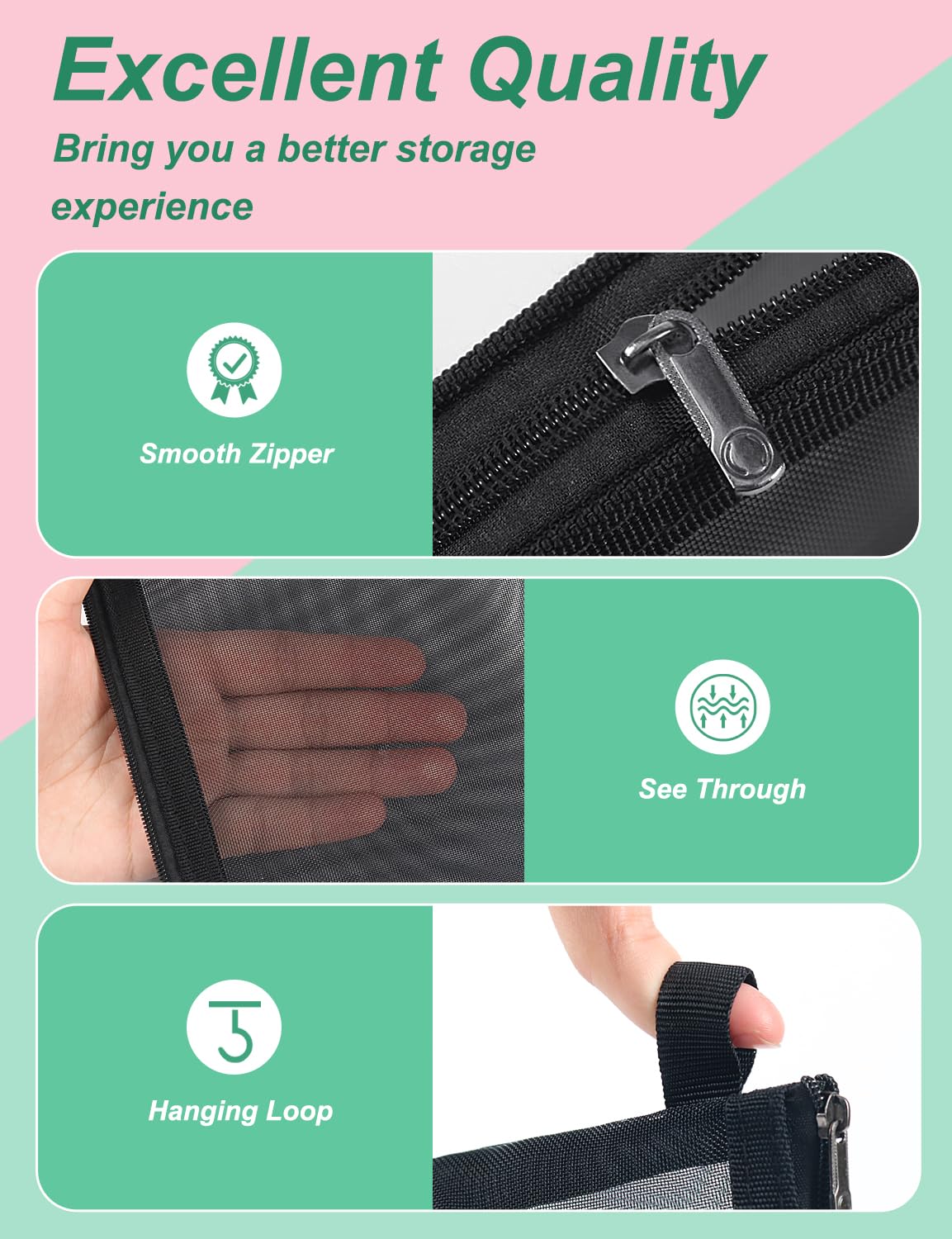 besharppin 4 Pack Mini Cosmetic Bags, Small Mesh Makeup Bag with Zipper for Home Office Purse Multipurpose Nylon Bag (Black)