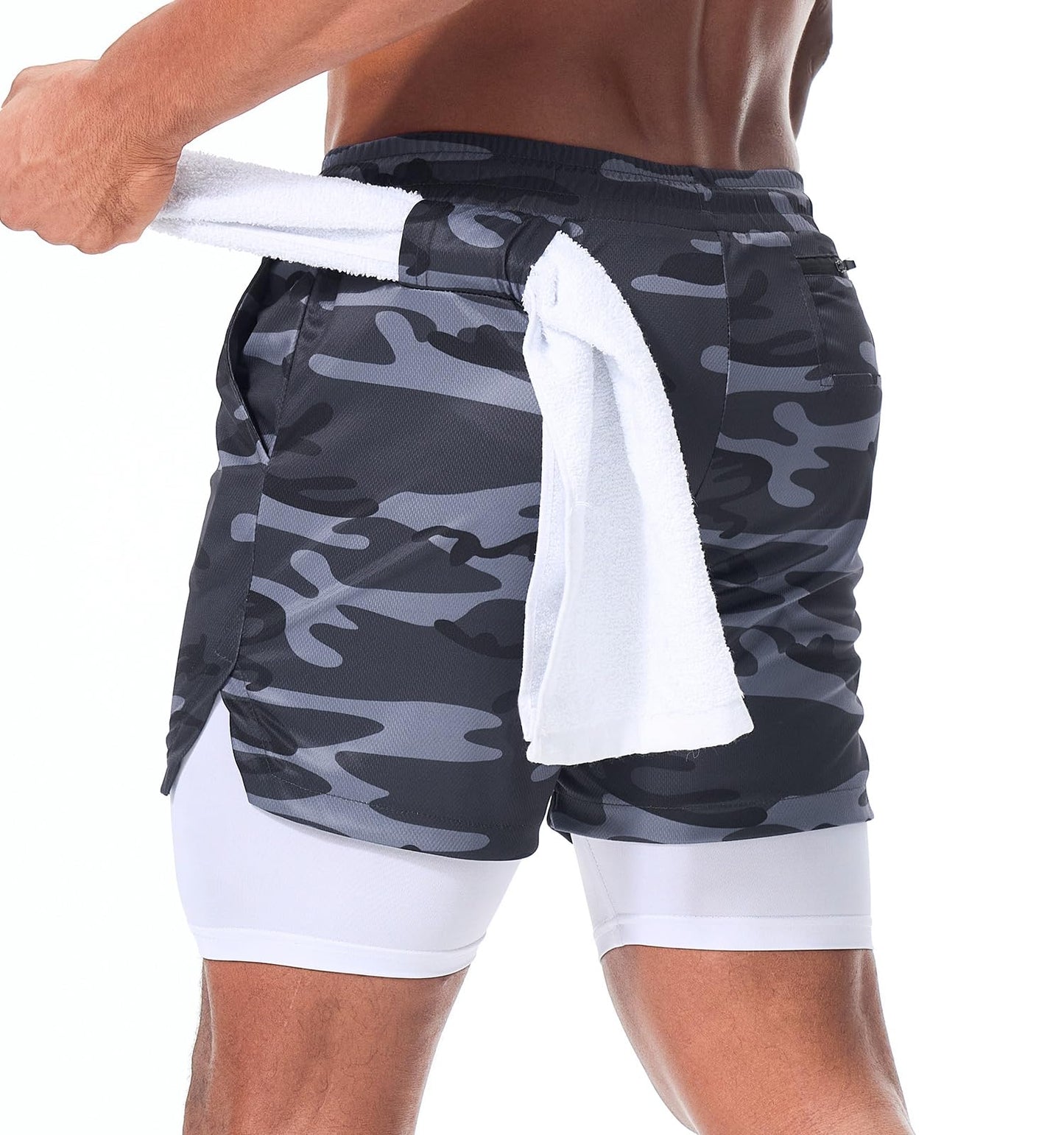 Surenow Men's Running Shorts Quick Dry Workout Gym Shorts Athletic 2-in-1 Stealth Shorts Outdoor Short for Men with Pockets Camouflage Grey