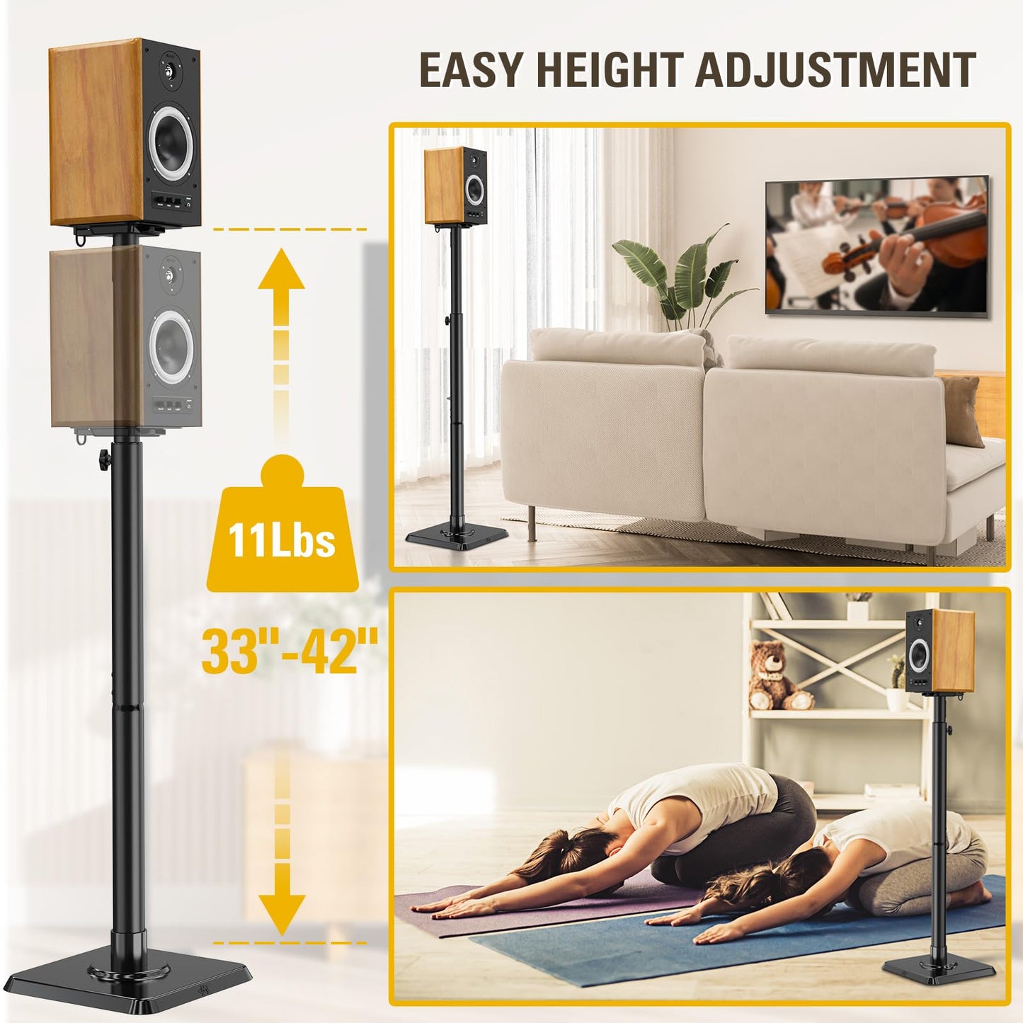 Mounting Dream Black Alloy Steel Speaker Stands, Height Adjustable Bookshelf Speaker Stand Pair, Universal Fit, 11 lbs Capacity, Set of 2 for Bose Polk JBL Sony Yamaha - 42" Max Height