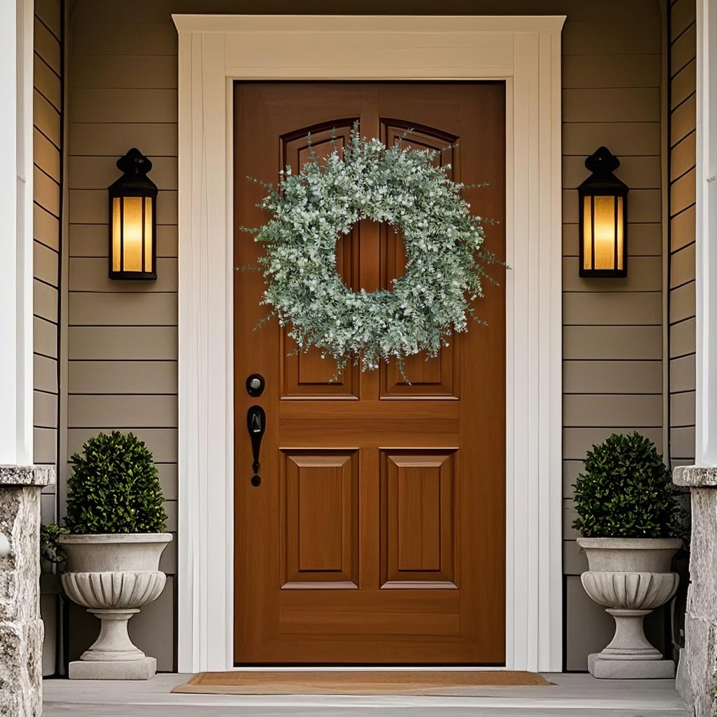 26'' Large Eucalyptus Wreath for Front Door, Porch- Artificial Eucalyptus and Lavender with Babys Breath Flowers Wreath for Home, Farmhouse Wall Decor- Spring, Summer, Fall, All Seasons (White-Green)