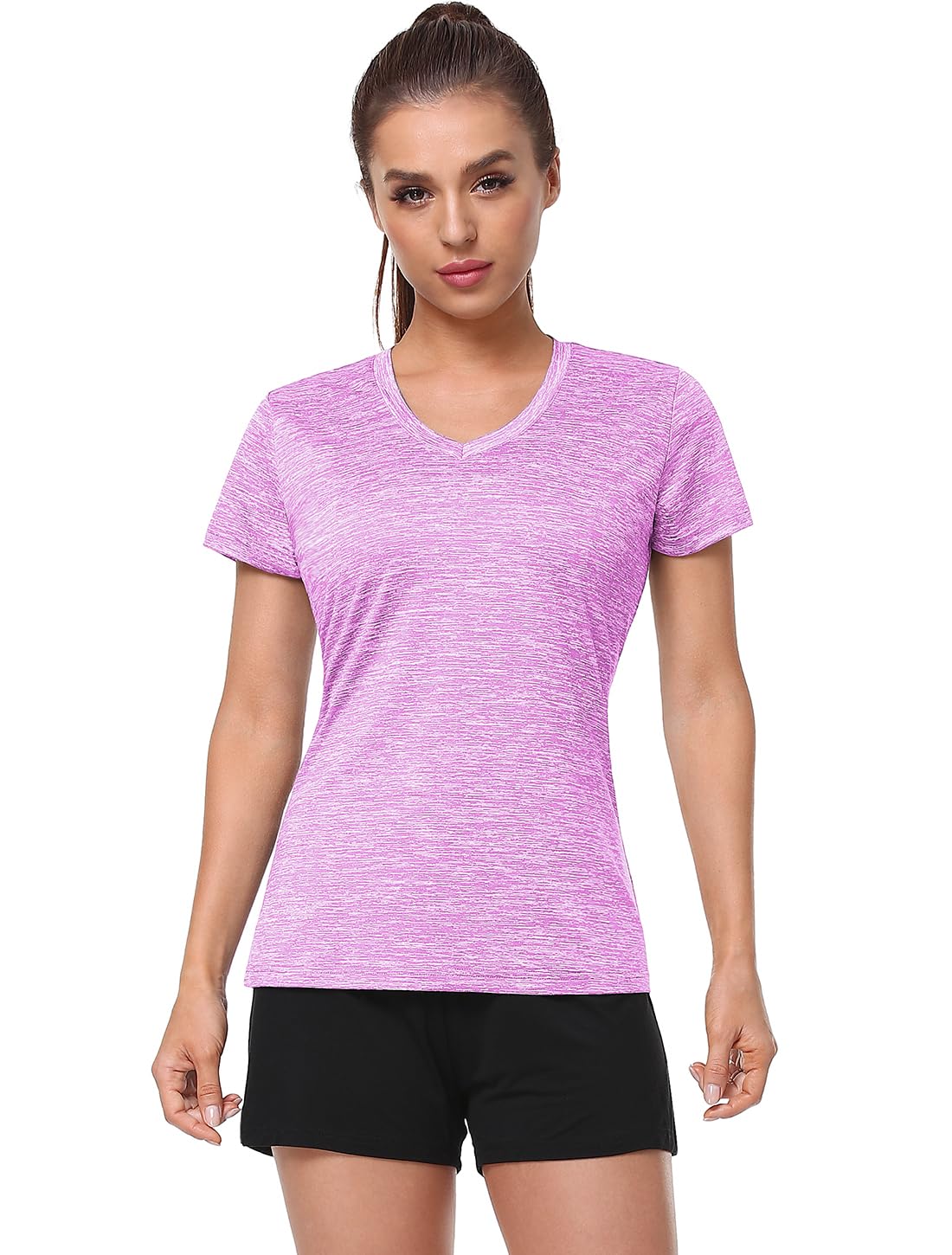 Cosy Pyro Women's Short Sleeve V-Neck Athletic T-Shirt Exercise Yoga Tees Dry Fit Gym Shirts Moisture Wicking Workout Tops Pack of 5 Black1/Navy/Azure/Purple/Rose L