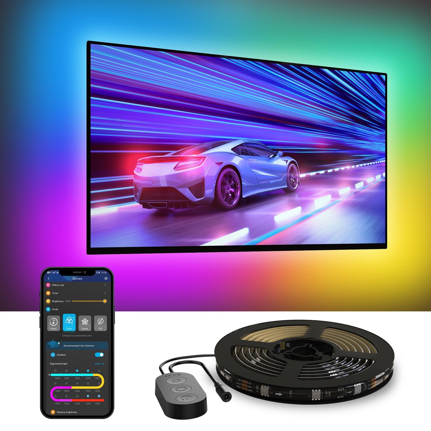 Govee TV LED Backlight, RGBIC Smart LED Strip Lights for 55-65 Inch TVs, Bluetooth and Wi-Fi APP Control, Works with Alexa & Google Assistant, Music Sync, 99+ Scene Modes, Adapter