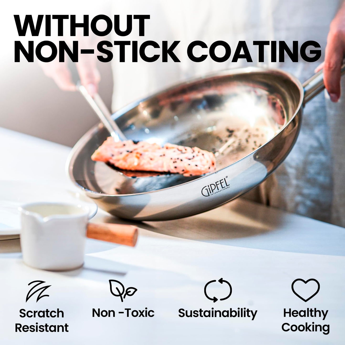 GIPFEL INTERNATIONAL 3 Piece Stainless Steel Frying Pan Set 8, 10, 12 Inch - Tri Ply Stainless Steel Skillet Healthy Cookware - Fry Pans for Induction Gas Electric Ceramic Stove & Oven Safe