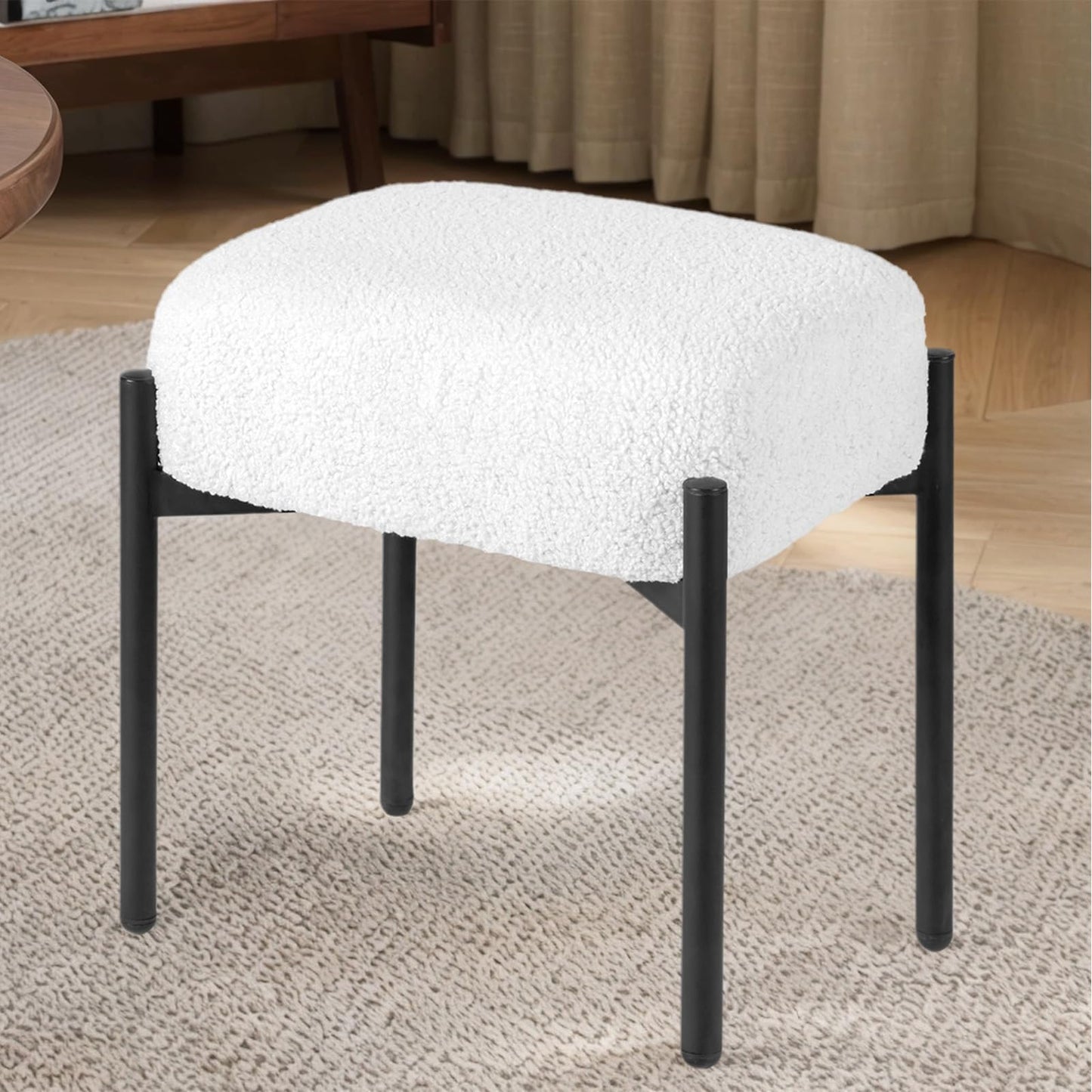 MOOWIND Vanity Stool Chair Faux Fur, 16.3" L x 12.8" W x 17.3" H Soft Ottoman, Makeup Chair Bench Furry Padded Seat with 4 Metal Legs, Footstool Multifunctional Chairs for Bedroom, Living Room