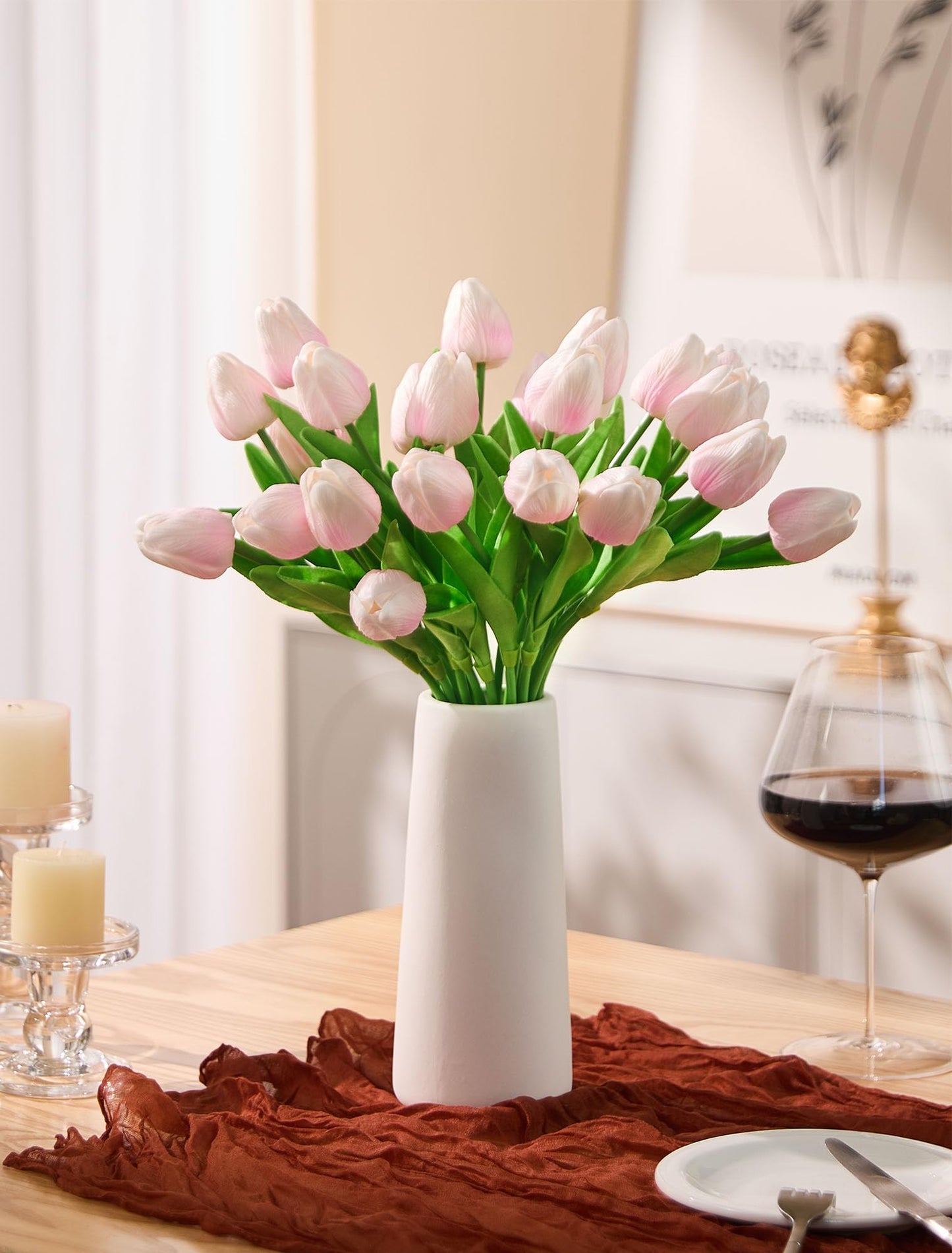 Drewev 30 Pcs Tulips Artificial Flowers Fake Pink Flowers Latex Tulips Real Touch 13" Silk Flower for Spring Mother's Day Easter Gifts in Bulk Home Kitchen Wedding Decorations