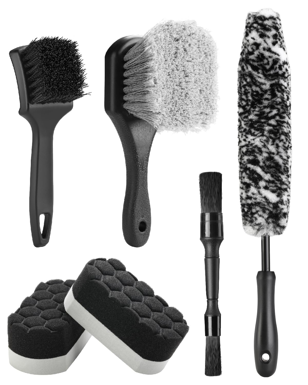 Fantasticlean 6PCS Car Wheel Cleaning Pro Kit, Tire Brush, Soft-bristled Rims Brush, Microfiber Bendable Brush, Double-Ended Detailing Brush, and Detailing Pads, Scratch-Free & Multipurpose
