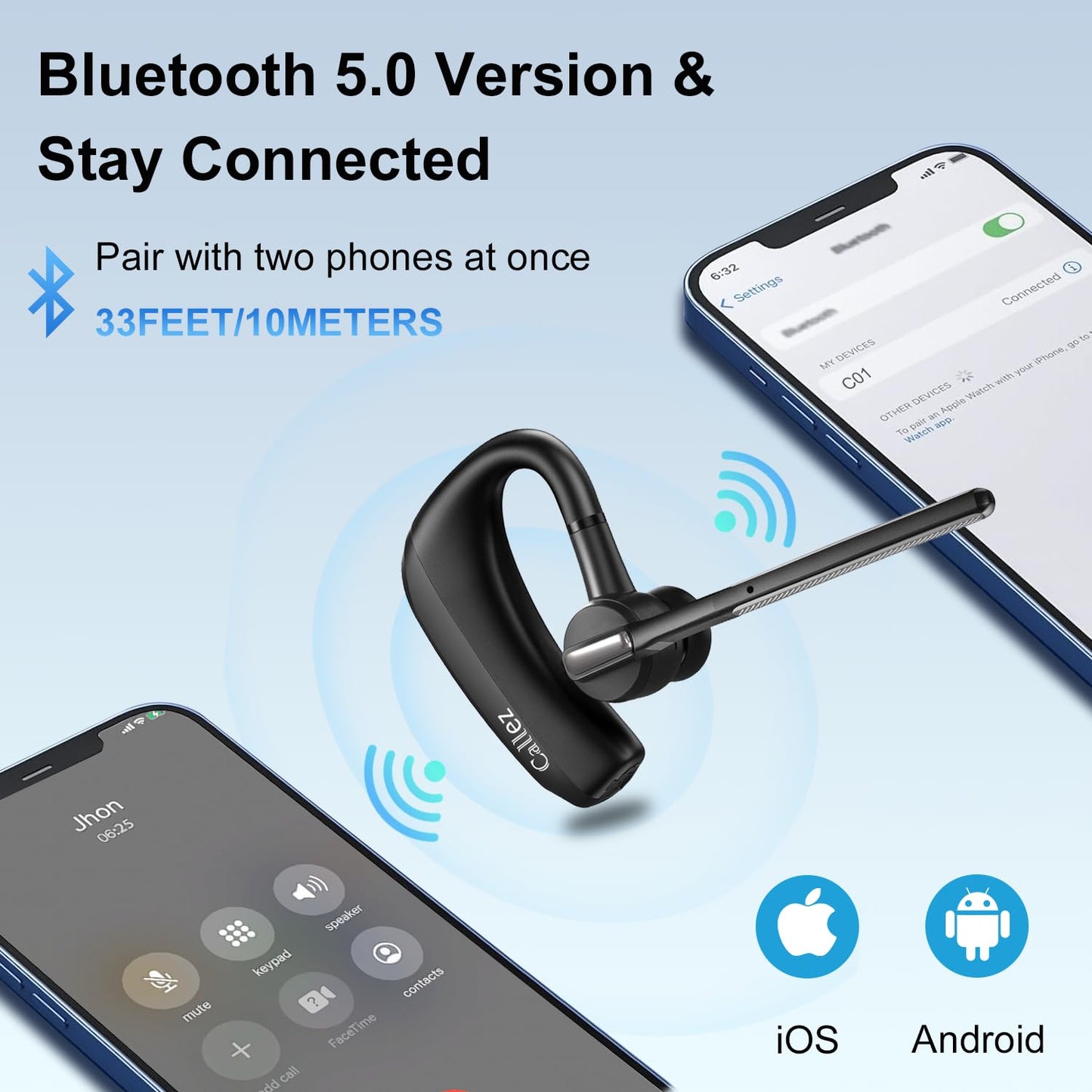 Callez Bluetooth Headset V5.0, Bluetooth Earpiece with CVC8.0 Dual Mic Noise Cancelling Wireless Headset for iPhone Android Cell Phone Trucker Business Office Work, Clear Chat