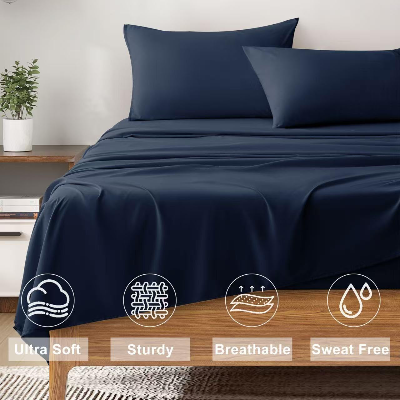 Cal King Size 4 Piece Bed Sheet Set - Ultra Imitation Cotton-Premium Breathable & Cooling Sheets - Hotel Luxury Bed Sheets Deep Pocket up to 15"- Wrinkle, Stain Resistant (Navy Blue, California King)