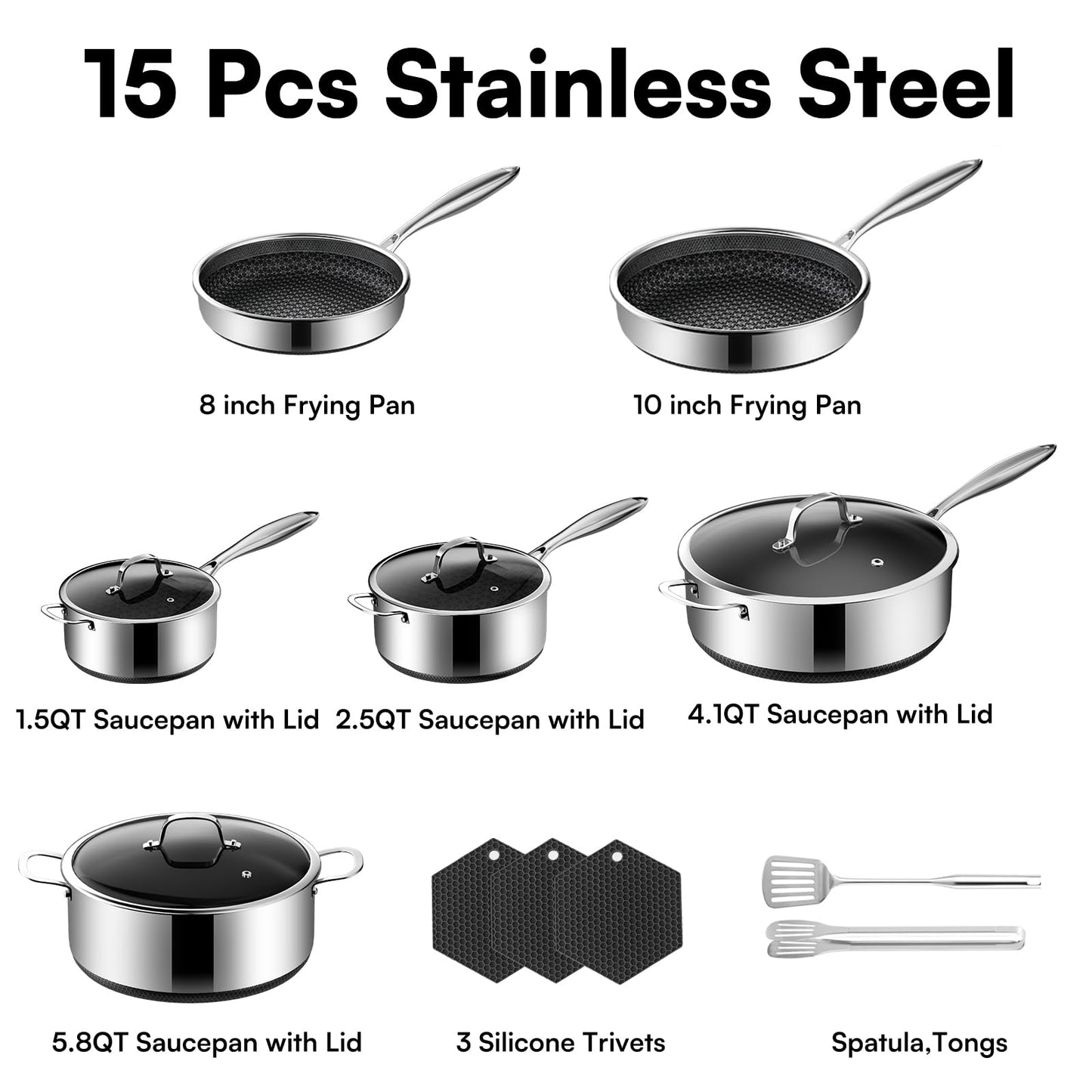 KURRUNGIE Stainless Steel Cookware Set, 15 Pcs Hybrid Pots and Pans Set Non Stick, Kitchen Frying Pans, Saucepans & Stock Pot with Glass Lid, Dishwasher-Safe, Induction Compatible, Non-Toxic