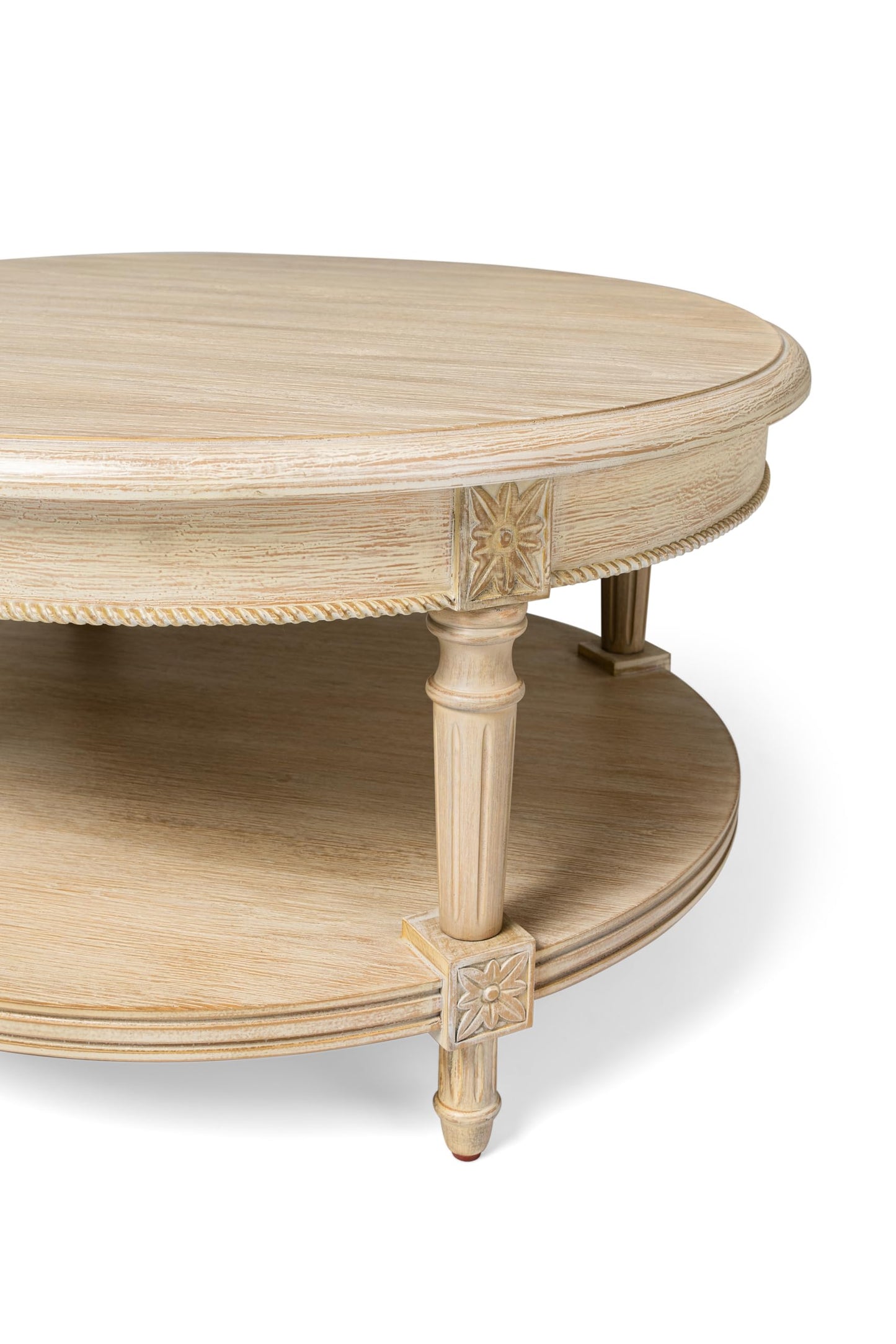 Maven Lane Pullman Large Curved 2 Tier Traditional Round Circle Wooden Center Coffee Table with Shelf Storage in Rustic Antiqued White Finish