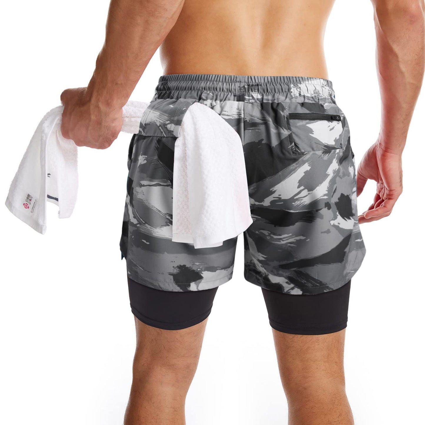 Surenow Mens 2 in 1 Running Shorts Quick Dry Athletic Shorts with Liner, Workout Shorts with Zip Pockets and Towel Loop (Gray-Camouflage, L)