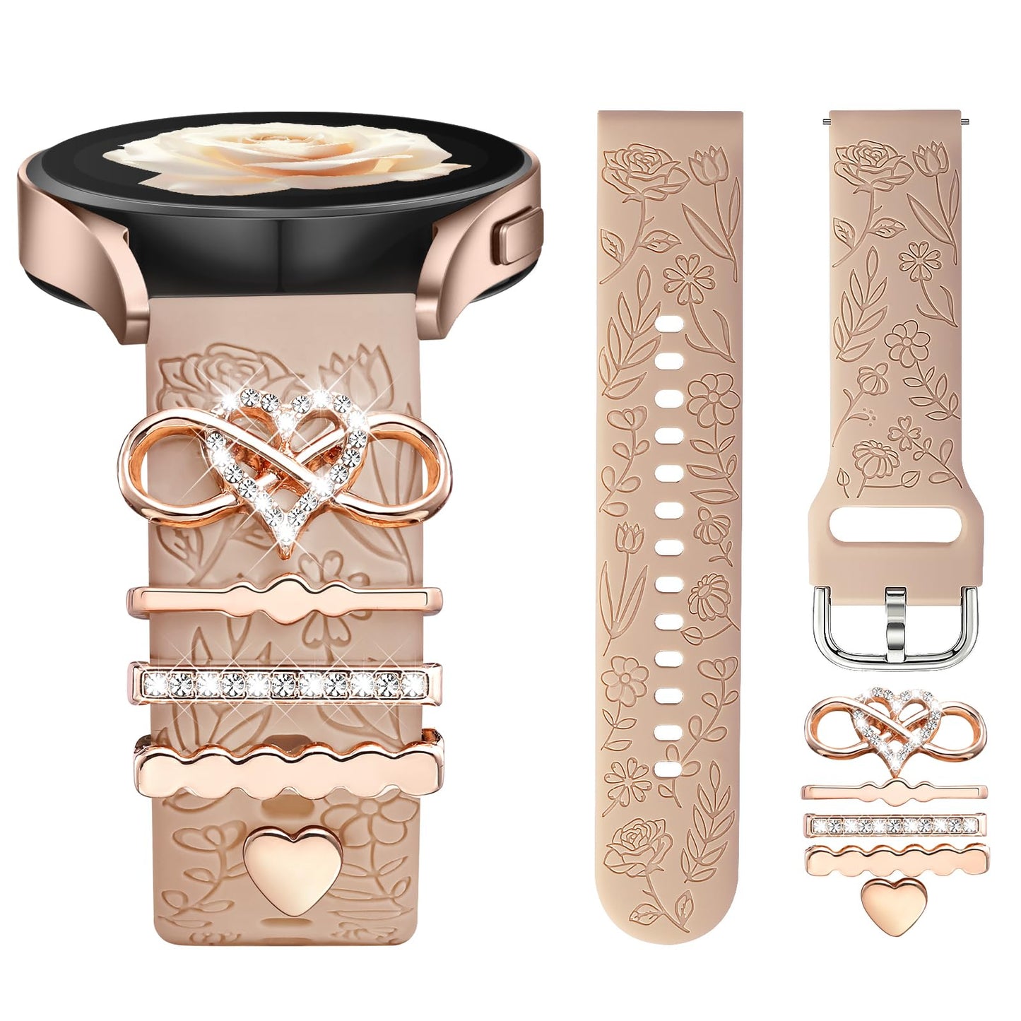 DaQin Flower Engraved Band Compatible with Samsung Galaxy Watch 7 Band/FE 6 5 4 40mm 44mm,Galaxy Active 2, 20mm Watch Band Soft Silicone Replacement Strap with Decorative Charms Accessories Women