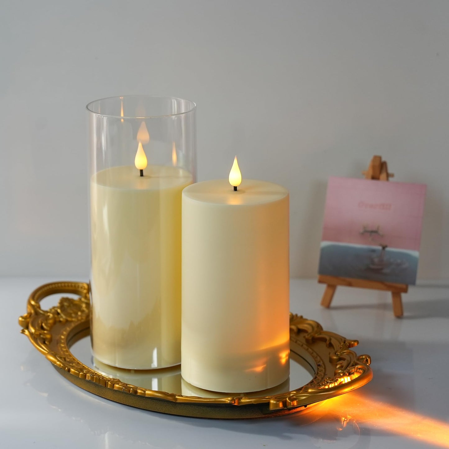 yunsheng 4" x 9" Outdoor Waterproof Flameless Candles with Remote & Cycle Timer, 2PCS Battery Operated Pillar Candles with Removable Acrylic Shell, Large LED Flickering Candles for Patio Decor, Ivory