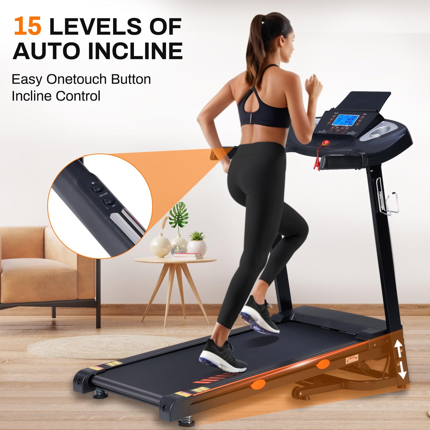 ECHANFIT 15% Auto Incline Treadmill Foldable Treadmills for Home with 18" Wider Belt, 10 MPH Speed, 300 lbs Capacity, Shock Absorption System, App Bluetooth