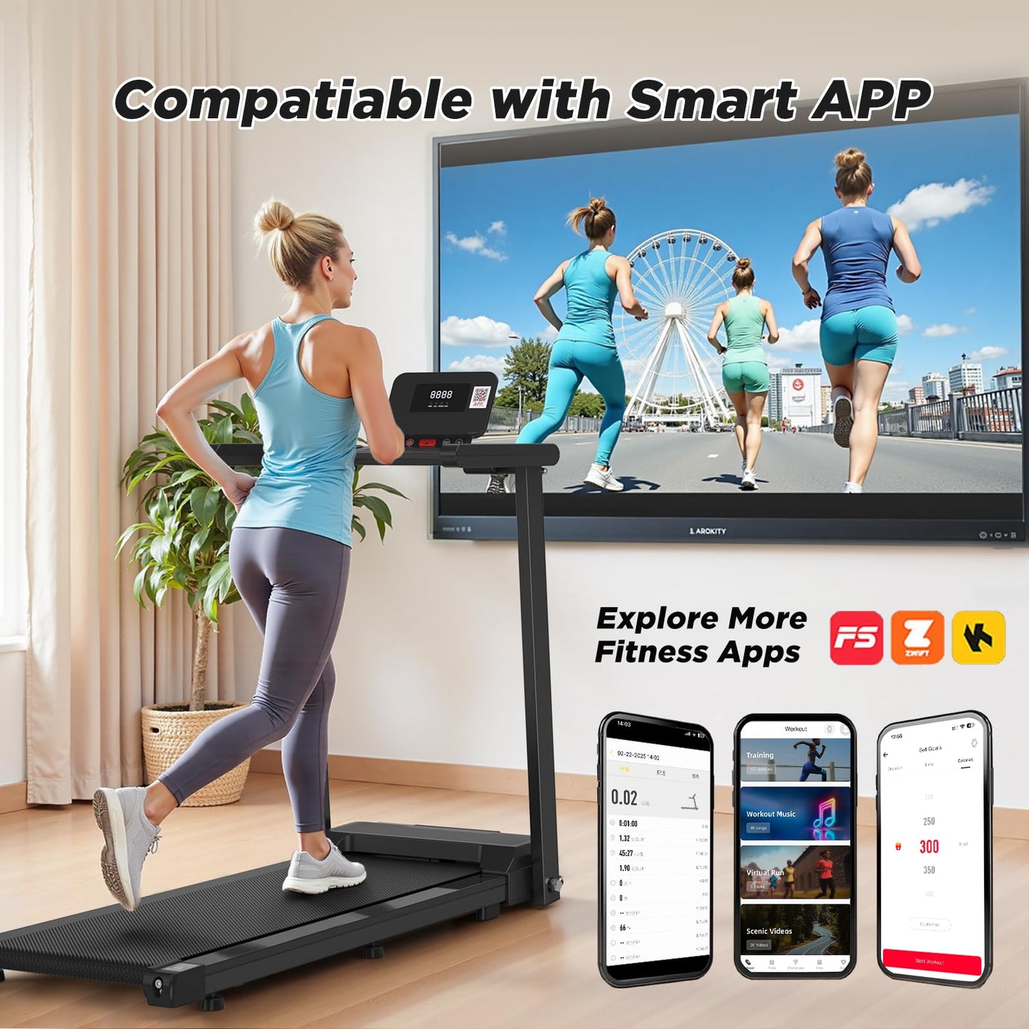 FYC Foldable Treadmill for Small Spaces - 2.5HP Ultra-Quiet Motor, 300lb Capacity with Advanced Shock Absorption, Smart App Control, Compact Walking Treadmill Folding Treadmills