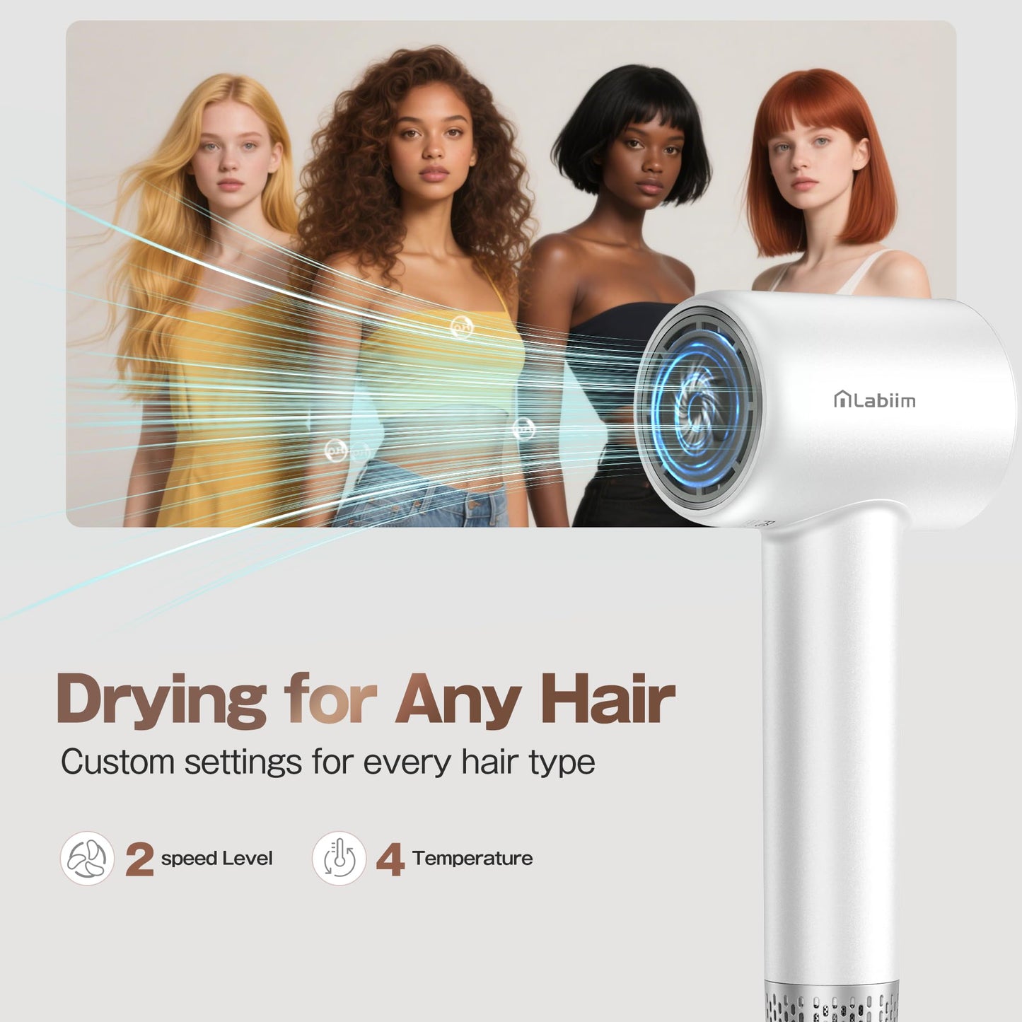 Labiim Hair Dryer, High-Speed Ionic Low Noise Blow Dryer with Brushless Motor for Fast Drying, Thermo-Control Quiet Compact Hair Blow Dryer, Hairdryer with 1 Nozzle Attachments for Home Salon Travel