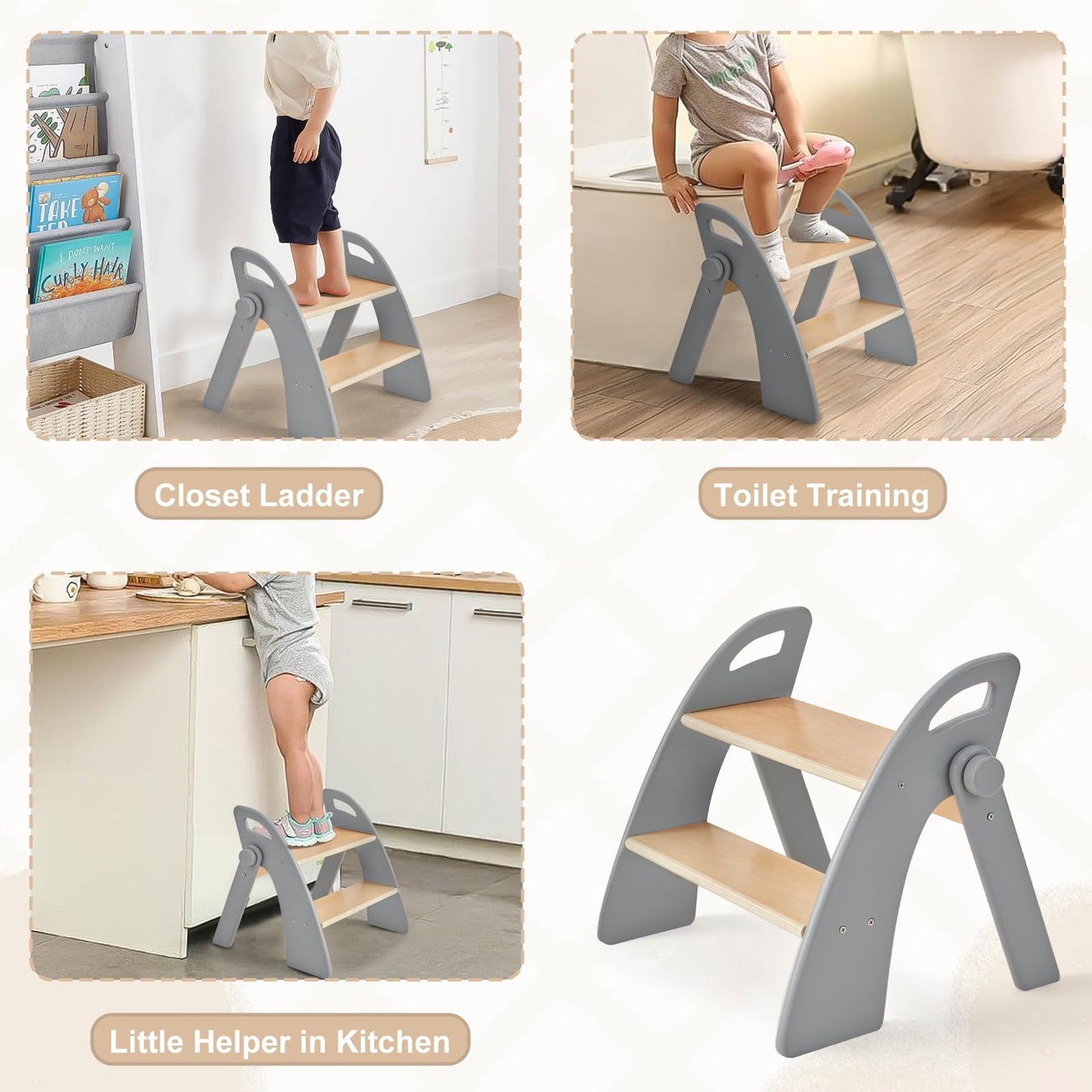 Wooden 2 Step Stool for Kids Bathroom Sink Foldable Anti-Slip 2-Step for Toilet Potty Training, Child Stepping Stool for Kitchen Nursery Bedroom, Sturdy Non Slip Adult Stool for Closet Grey