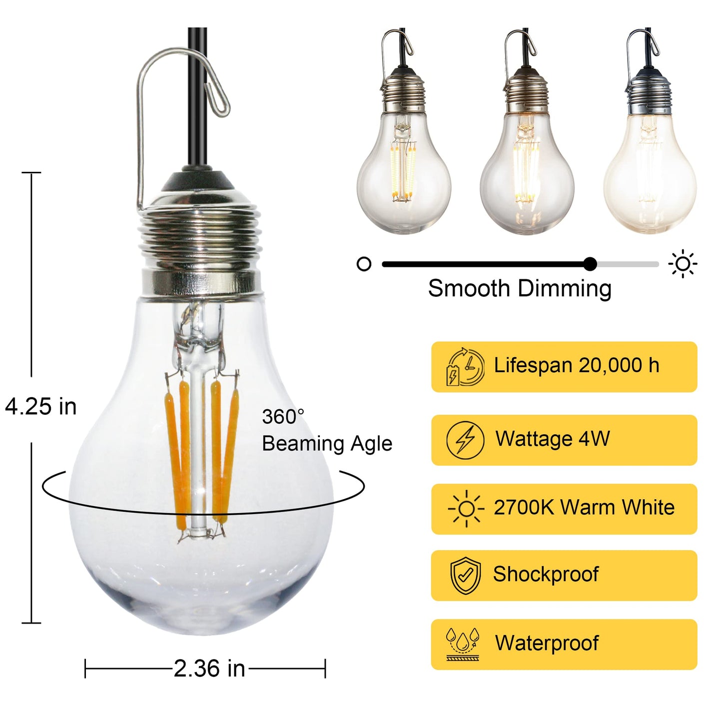 2-Pack Dimmable Shatterproof Waterproof Camping Light with USB Plug, 7.5ft Cord with Built-in Hanger Outdoor Durable Portable Lights for RV Tent Garage Hiking Nighttime Activities