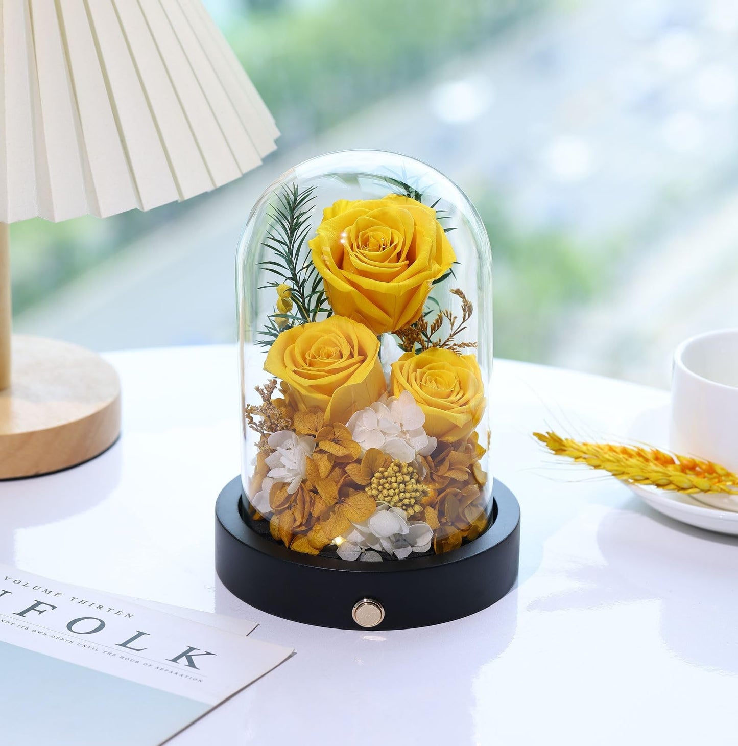 Pinnetetti Flowers for Delivery, 3 Yellow Forever Roses in Glass Dome with LED, Preserved Real Rose, Valentines Day Anniversary Birthday Mothers Day Flower Gifts for Mom Her Women Wife Mother