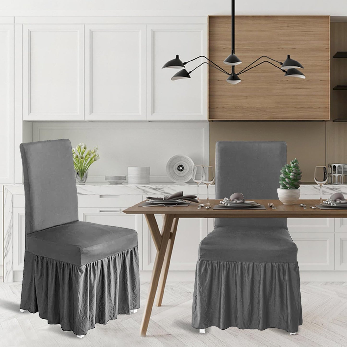 molasofa Chair Covers for Dining Room Set of 2 Stretch Chair Slipcovers with Skirt for Kitchen Seat Protectors Wedding Banquet Decor Kids Pets Spandex Fabric Washable (2pcs, Light Grey)