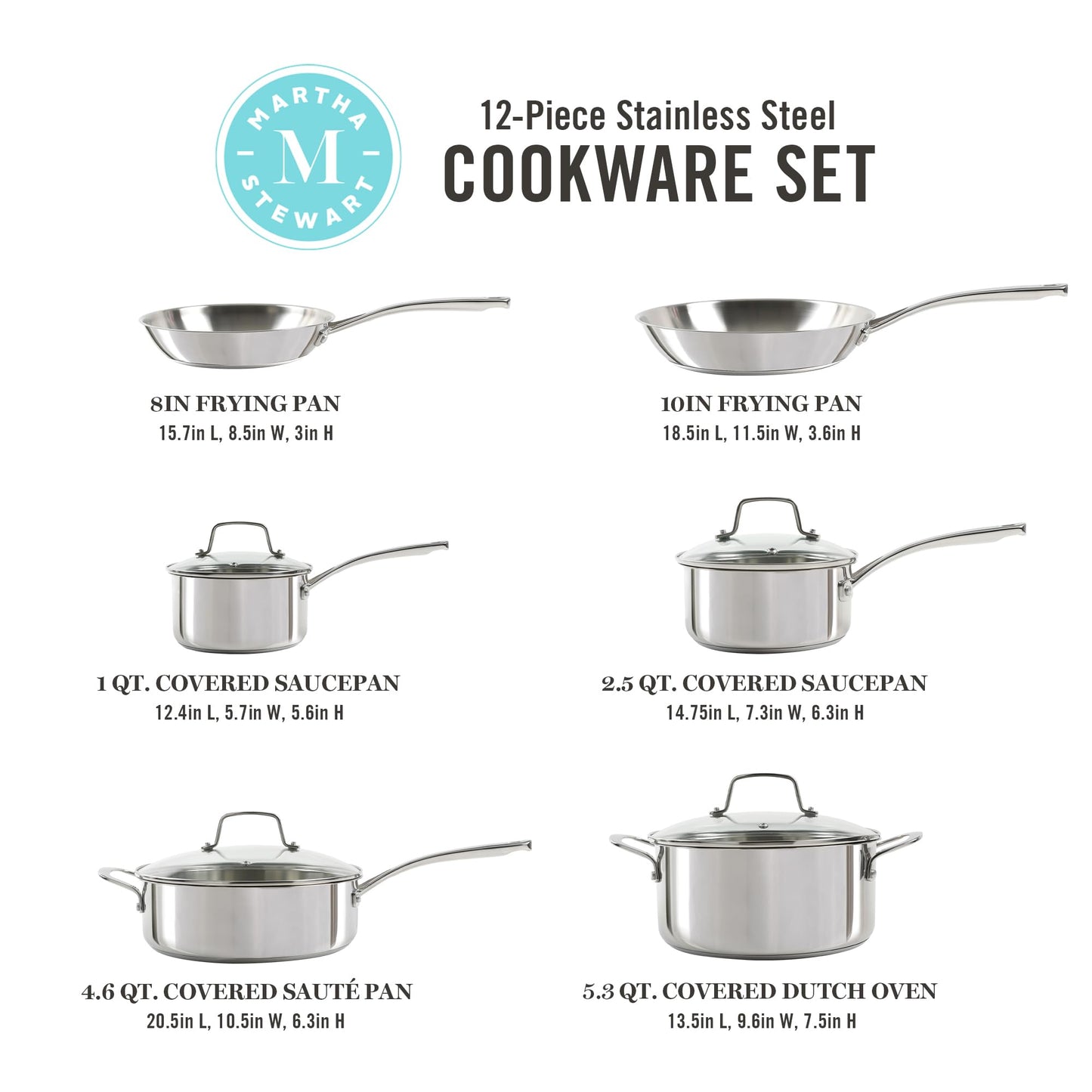 Martha Stewart Castelle 10 Piece 18/8 Stainless Steel Induction Safe Pots and Pans Non-Toxic Triply Bottom Kitchen Cookware Set