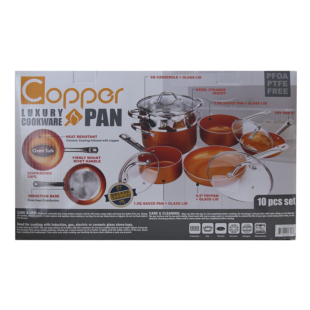 Copper Pan 10-Piece Luxury Induction Cookware Set Non-Stick, 21.5 x 11.5 x 11 inches