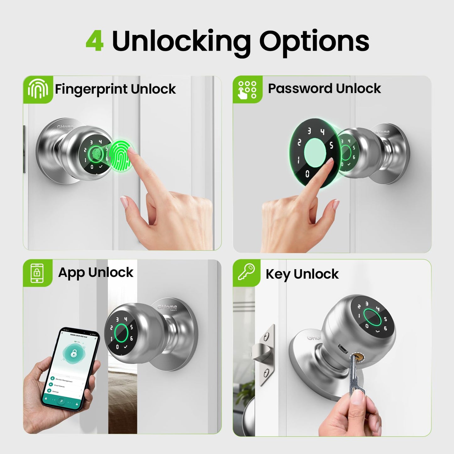 GHome Smart Fingerprint Door Lock, Fingerprint Door Knob with Keypad & App Control & Keys, Auto-Lock, Door Locks for Bedroom/Home/Garage/Apartment/Office, Local Data Storage