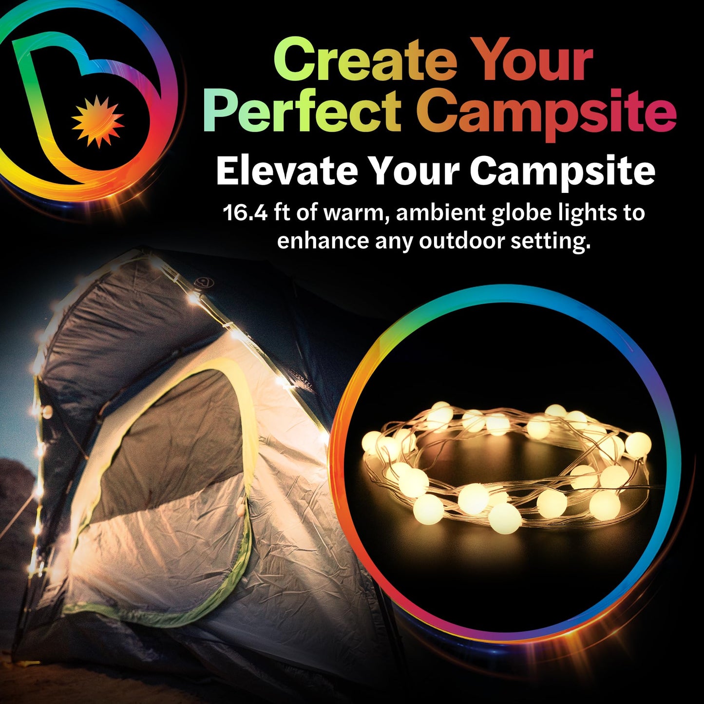 Brightz GlobeBrightz LED USB String Lights - Glamping Tent Lights for Camping - LED Camp Light for Festival Camping Essentials - Use for Hammocks, Camping Tents, Campsites, Backpacking, Hiking & More