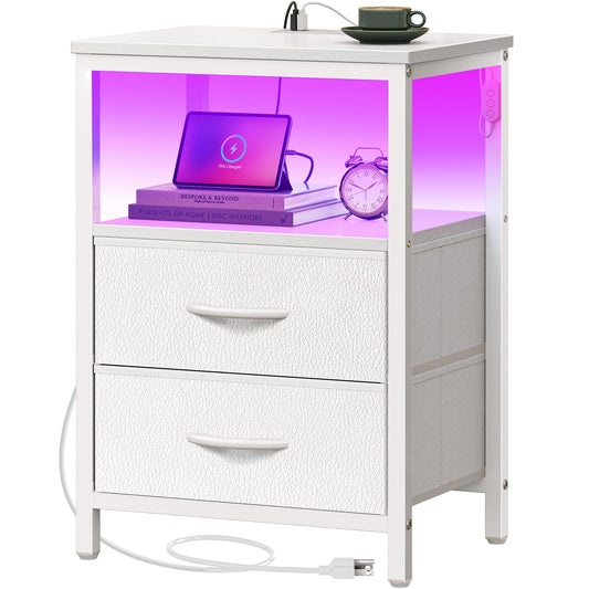 Huuger Night Stand with Charger Station and LED Lights, 2 Drawer Nightstand, Bed Side Table with Open Shelf, End Table, Fabric Dresser for Bedroom, Black