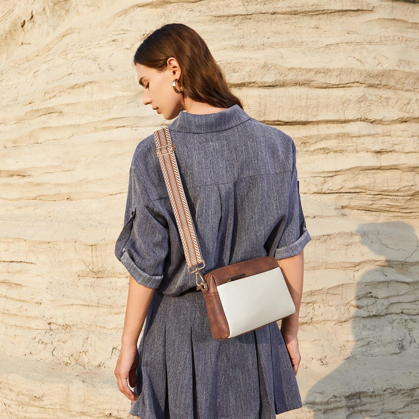 BOSTANTEN Small Crossbody Purse for Women Triple Zip Cell Phone Leather Shoulder Handbag with Wide Guitar Strap Beige with Brown