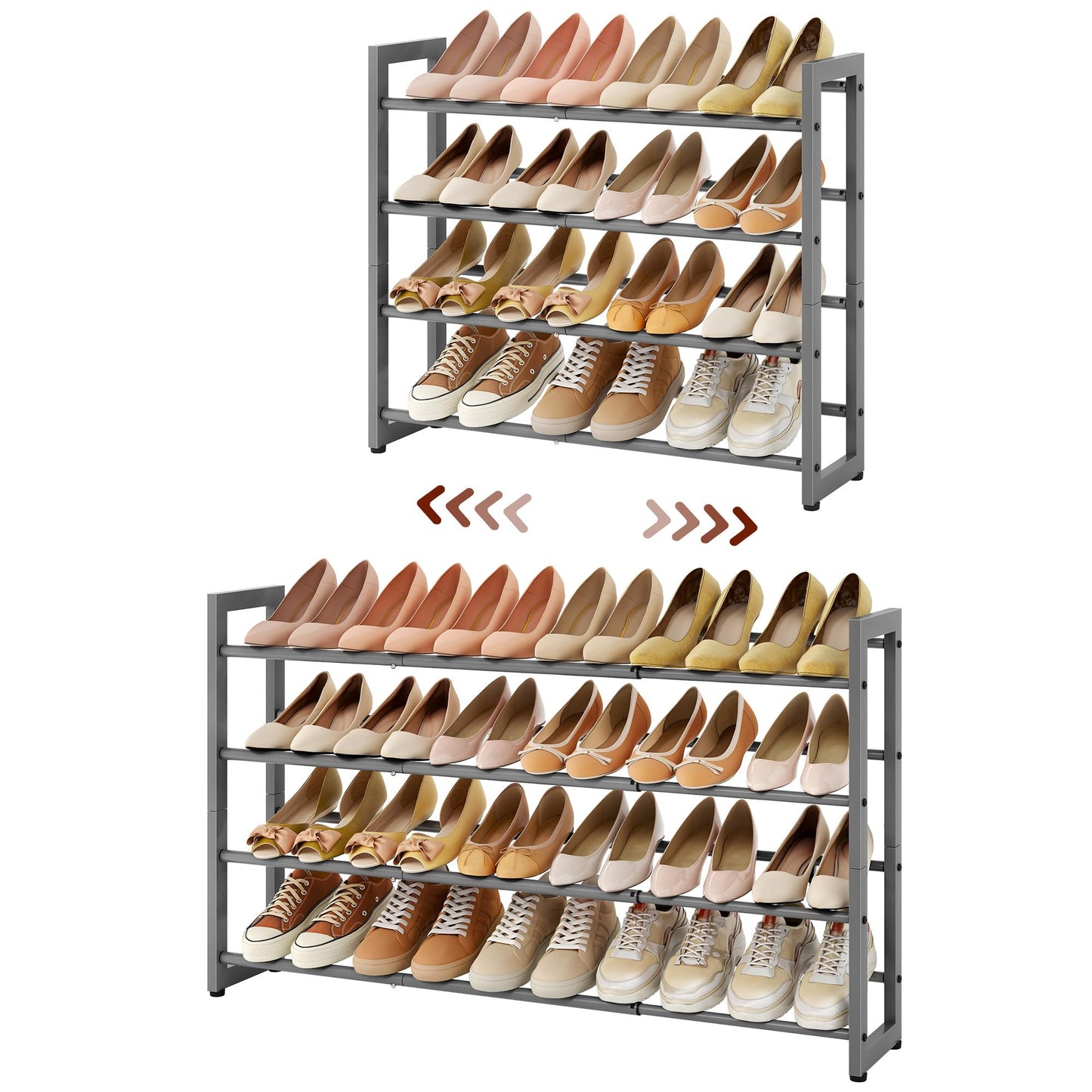 FAVOOSTY 4-Tier Expandable Shoe Rack, Adjustable Shoe Shelf Storage Organizer Space Saving Metal Free Standing Shoe Rack for Entryway Closet Doorway, Silver Grey