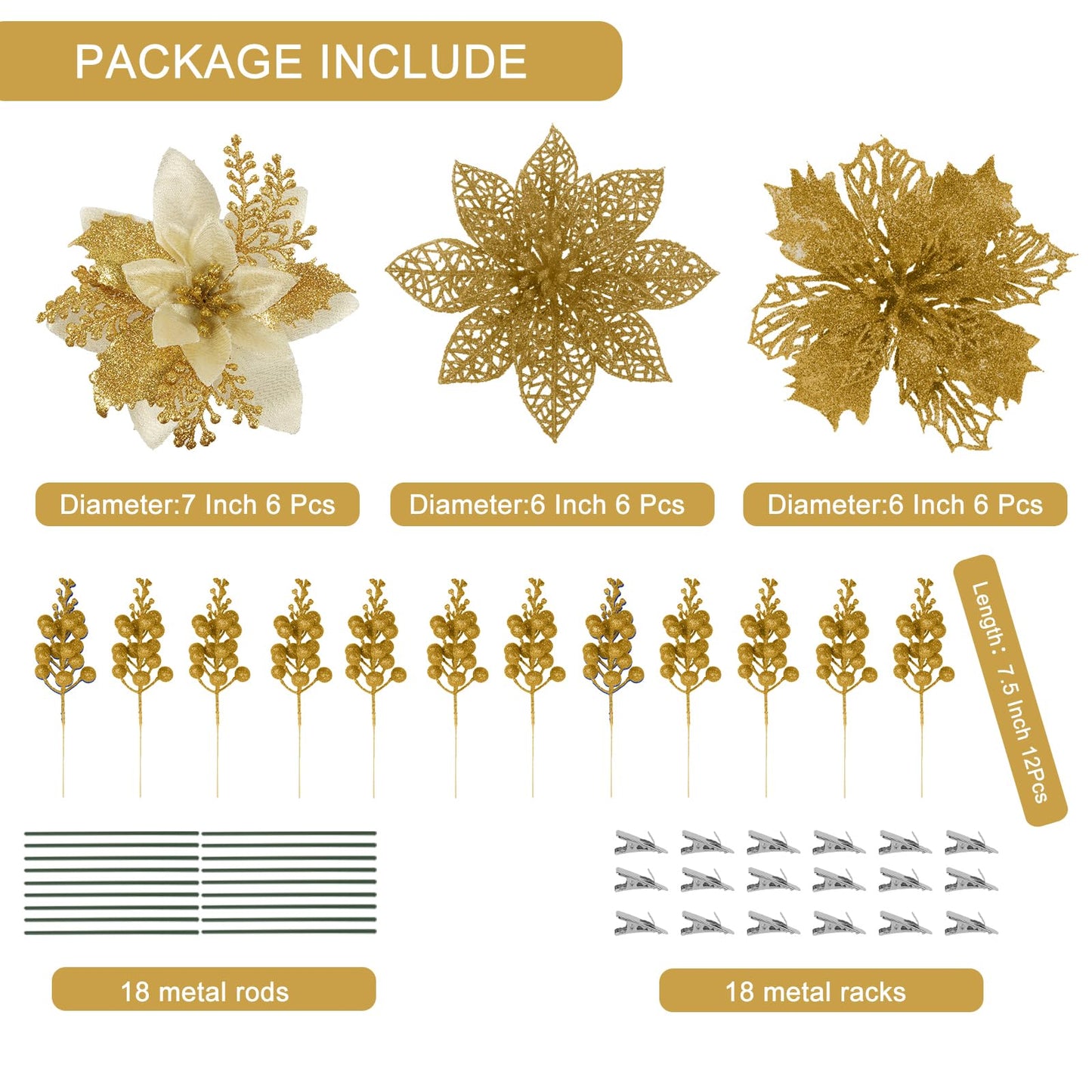 SJL 66 Pcs 3 Styles Christmas Glitter Poinsettia Flowers Artificial Berry Picks Christmas Tree Ornaments Artificial Christmas Flowers with Clips for Xmas Wedding Wreath Floral Decorations (Gold)