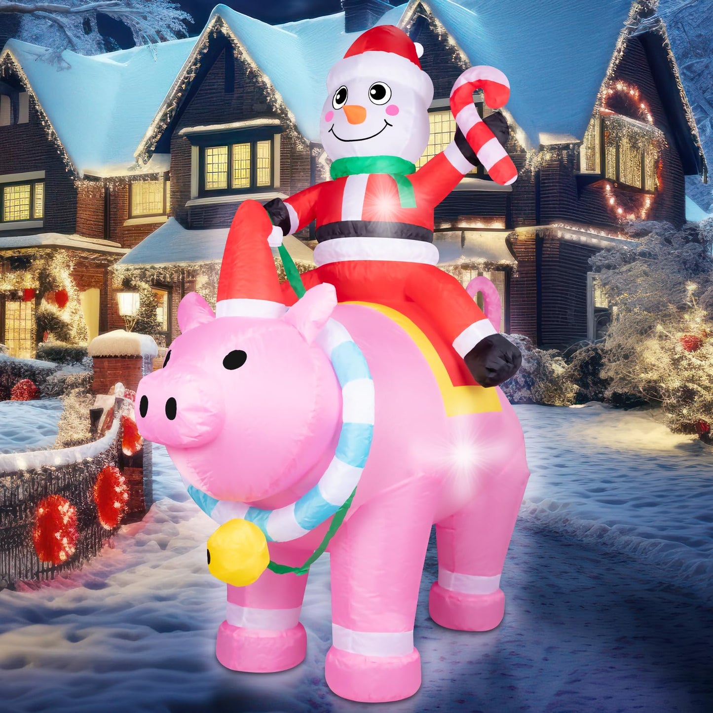 7FT Christmas Inflatables Cute Inflatable Christmas Inflatable Santa with Pink Pig Christmas Decorations Outdoor Christmas Blow Up for Yard, Outside, Built-in LED Lights with Tether