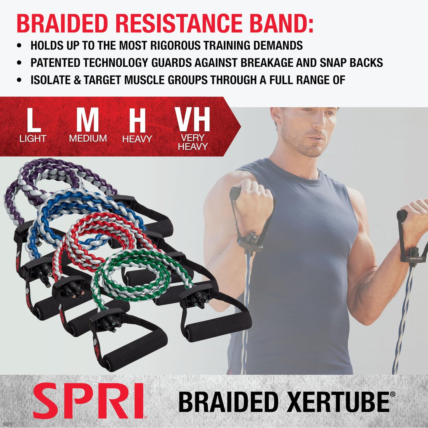 SPRI Braided Xertube Resistance Bands – Premium Exercise Band for Men & Women – Workout Equipment for Home Gym Fitness Training – Comfort Grip for Strength, Weights, and Resistance - Heavy