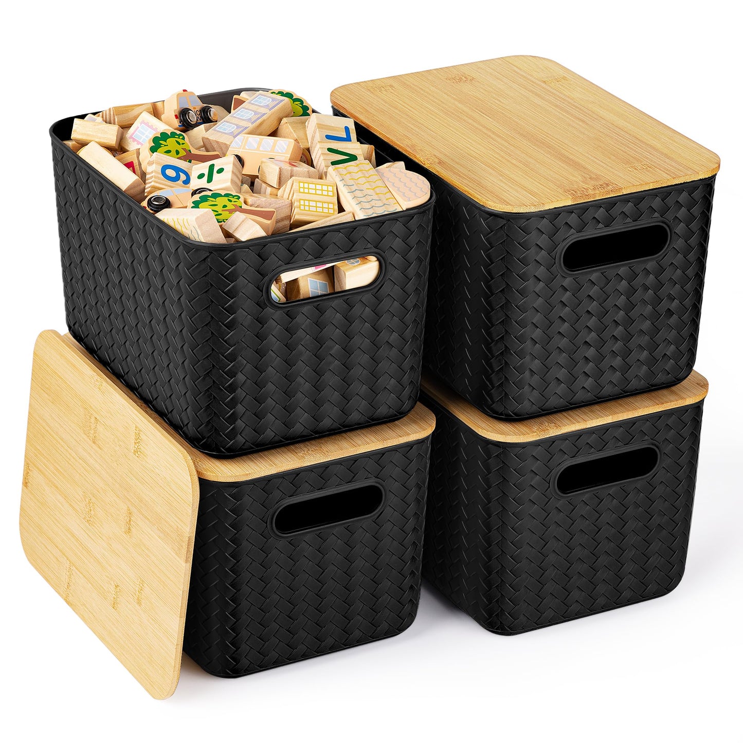 4 Packs Storage Bins with Bamboo Lids - Plastic Storage Containers with Lids Stackable Storage Box: Storages Baskets for Organizing Desktop Closet Playroom Classroom Office, Black