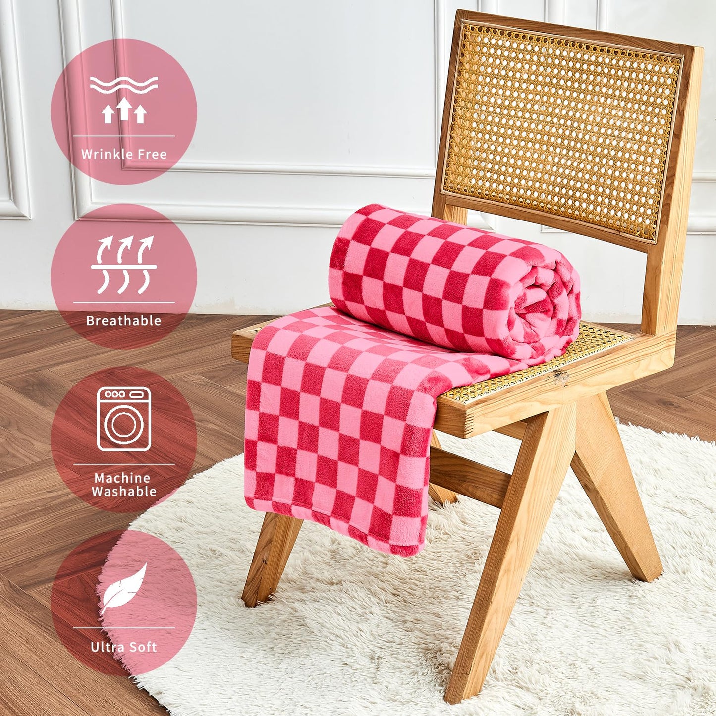 FY FIBER HOUSE Hot Pink Checkered Throw Blanket for Couch Soft Cozy Checker Blankets, 50"x60"